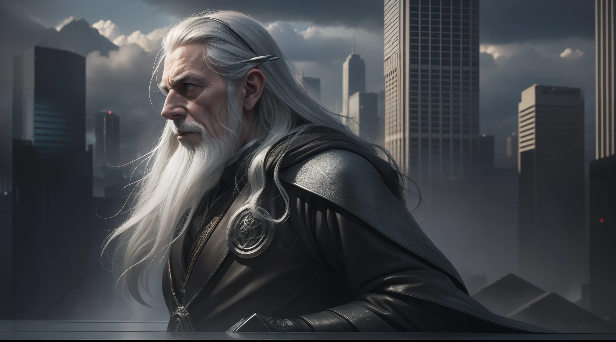 gandalf the Grey, with cybernetic enhancements, Lord of the Rings, J.R.R. Tolkien, cyberpunk city background, vibrant, photorealistic, hyperrealism, strong impressionist painting style, 1,618, elegant, ethereal, intricate, elaborate, hyper-realism, hyper-detailed, strong expressiveness and emotionality, cinematic lighting, visual clarity
