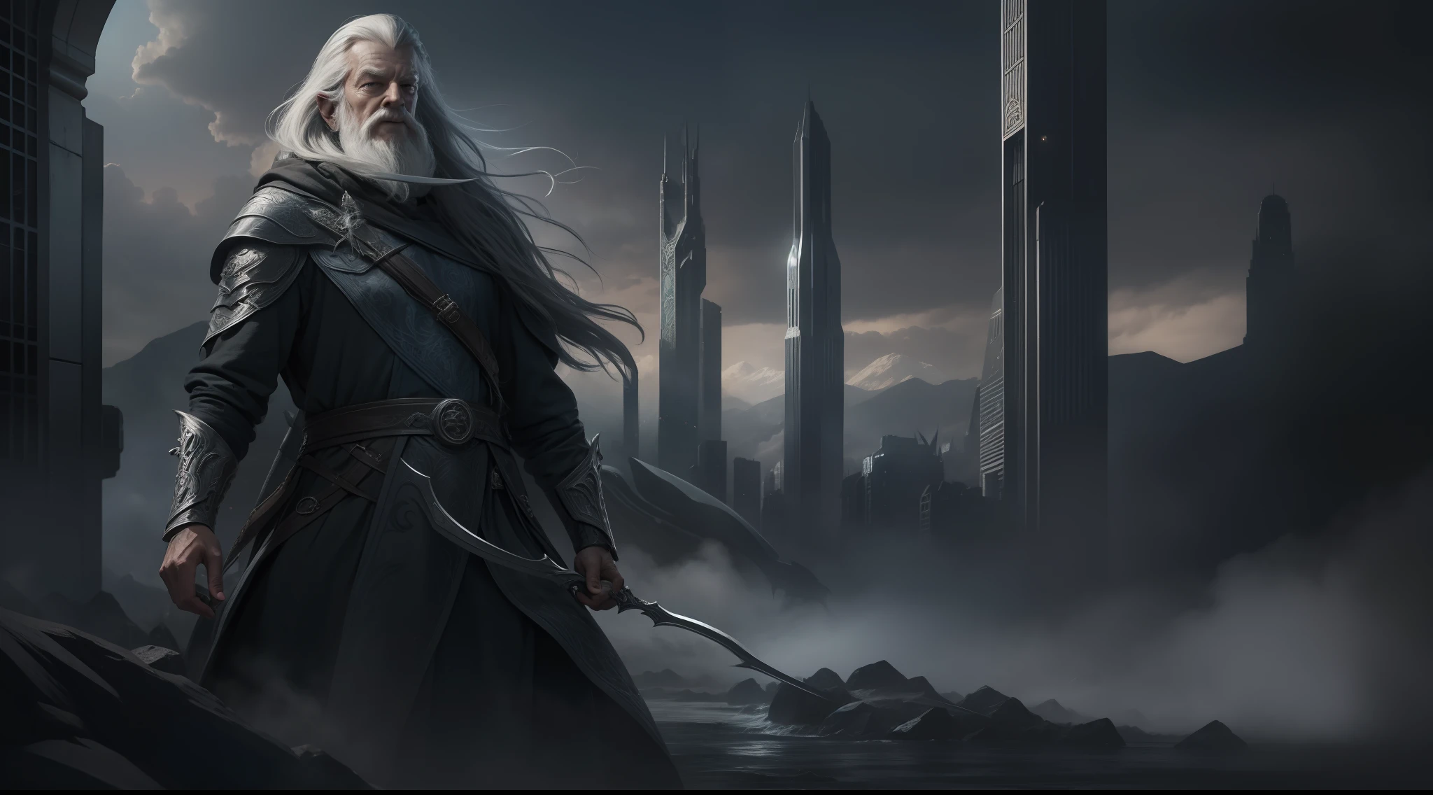 gandalf the Grey, with cybernetic enhancements, Lord of the Rings, J.R.R. Tolkien, cyberpunk city background, vibrant, photorealistic, hyperrealism, strong impressionist painting style, 1,618, elegant, ethereal, intricate, elaborate, hyper-realism, hyper-detailed, strong expressiveness and emotionality, cinematic lighting, visual clarity