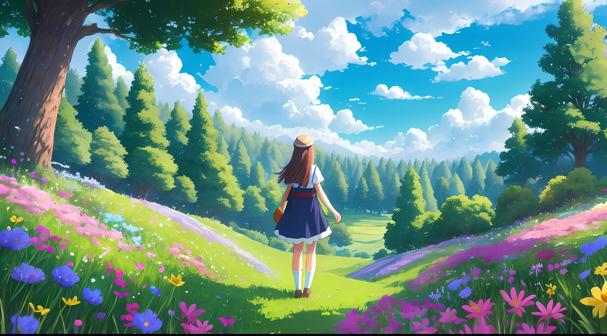 HD high definition, high definition, thick meadow, colorful flowers, blue sky, fluffy white clouds and green trees, shimmering with grass and flower color in the sun. , Ghibli style 22-year-old girl looks down on the world --auto --s2