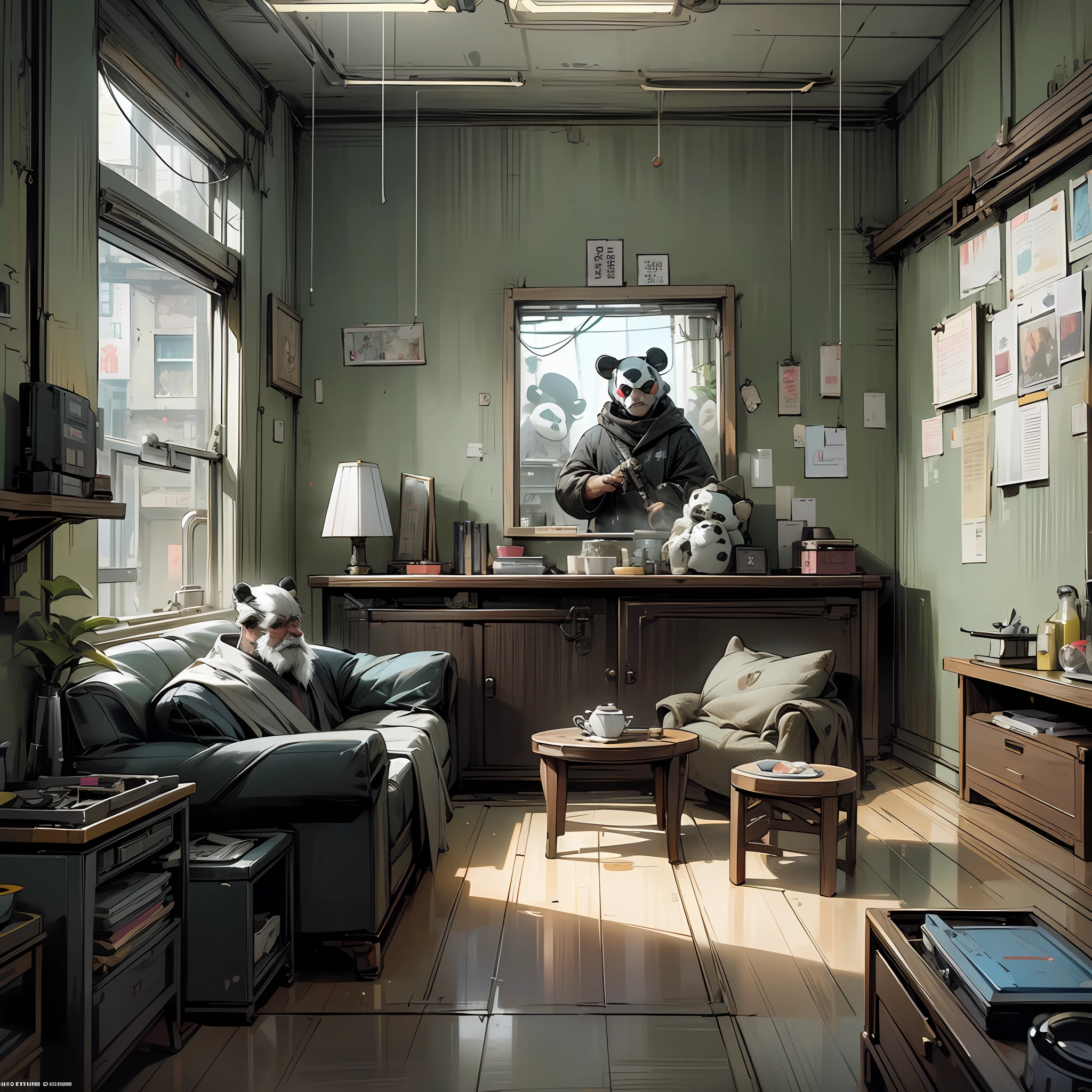 Masterpiece, best quality, highly detailed, ultra-detailed, interior scene, cyberpunk style emphasis, the front side of the picture gives the panda weight with 1.2, presenting an old man + panda hacking program. The apartment building in the picture is shabby, highlighting the feeling of loneliness, and the permutation weights have been assigned 1.2 and 0.8.