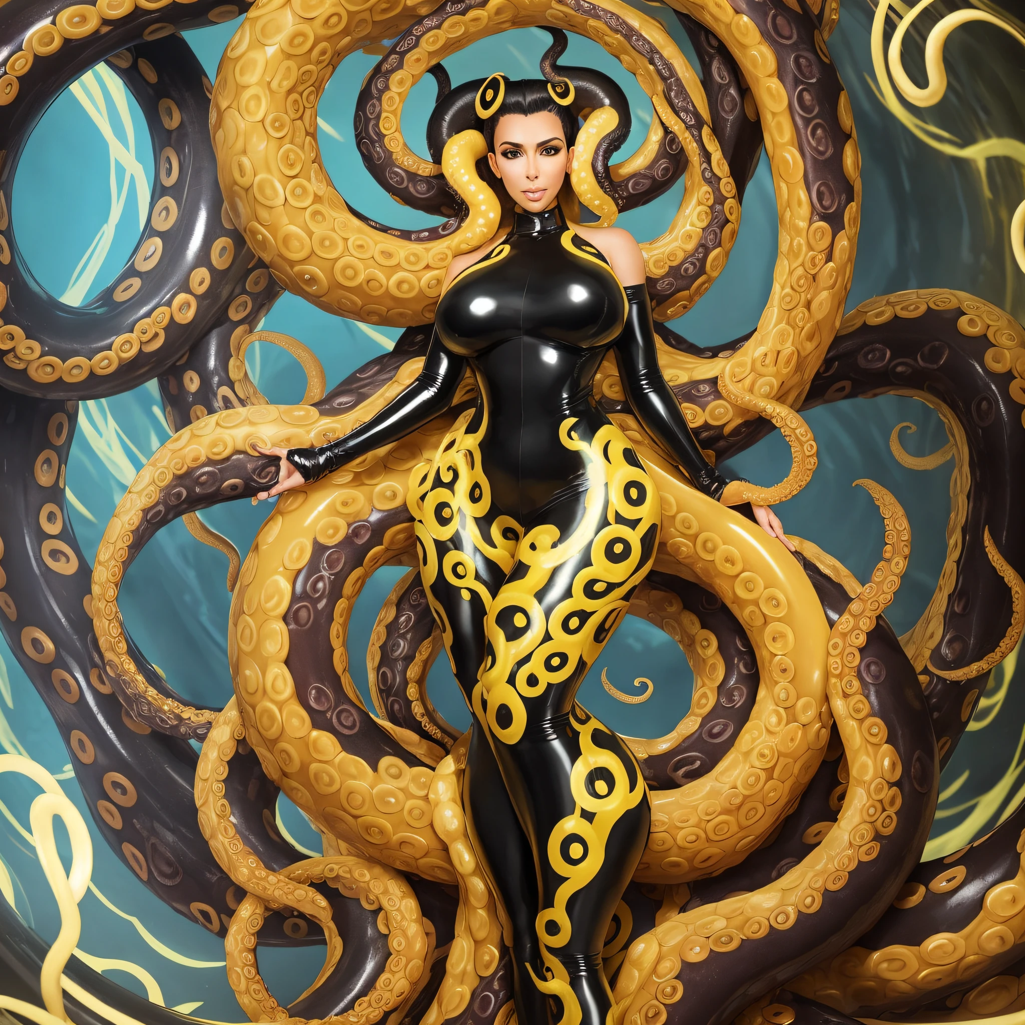 Kim Kardashian, chimera, octopus goddess, beautiful octopus woman, tentacle creature mix, big, full body, some tentacles touching her, blonde (realistic:1.4), best quality, ultra high resolution, 4k, instagram, very detailed, full body, octopus tentacles, in a yellow top and a yellow evening dress tentacle monster,, poses, these octopus tentacles are her legs, it's her limbs, her black tentacles are fidgeting, she's wearing a yellow Atsuko Kudo latex outfit,  that is covered with tentacles, gigantic oily tentacles, huge tentacles, large tentacles that creep around, latex --auto --s2