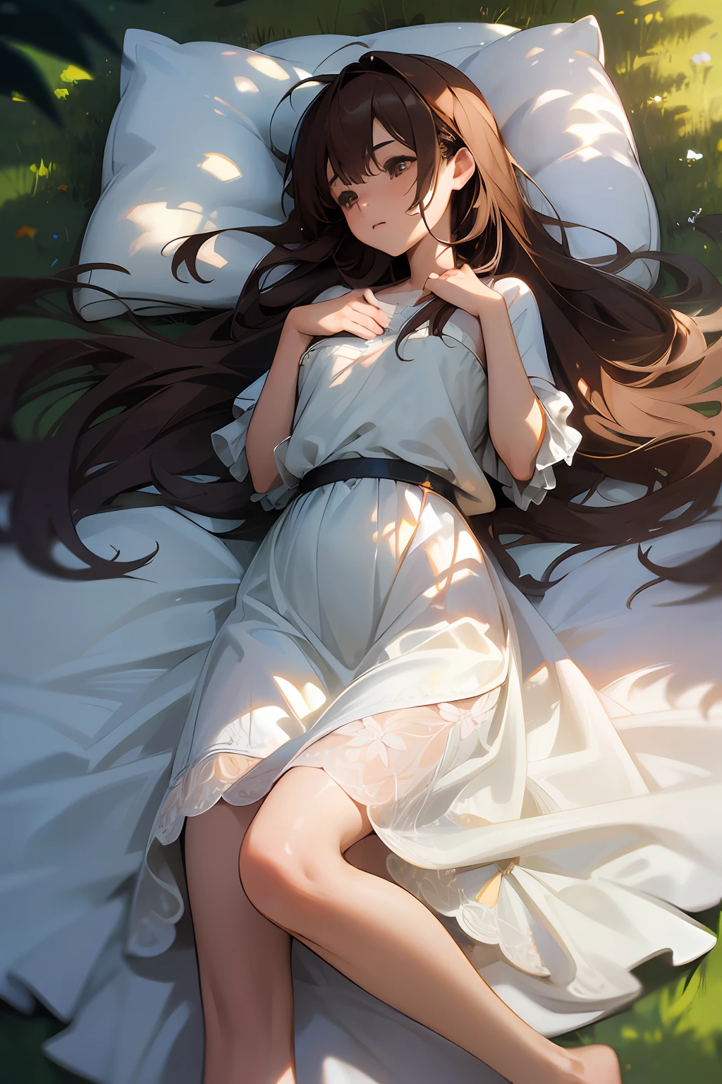 8k, RAW photo, best quality, masterpiece, high detail RAW color photo, professional photograph, (realistic, photorealistic:1.37), (high detailed skin:1.2), high resolution, beautiful detailed eyes, (hard focus:1.4), (sharp focus:1.4), photoreaslistic , (8K UHD:1.2) , no make-up , distinct image High quality shadow , (amazing awesome exquisitely extremely finely hyper intricate super ultimate ultra wonderful detailed:1.4), (((torso))), pov, (((depth of field))),   bokeh, lens flare, (vignette:0.8), dramatic lighting, cinematic lighting, back light, professional lighting, physically-based rendering
clannad,(best quality:1.2),(masterpiece:1.2),original,(highres),(intricate detail),illustration,reality ray tracing,panorama,(from above:1.2),cinematic angle,medium shot,(beautiful detailed girl),1girl,solo,(loli),detailed face,full body,girl focus,long hair,(brown hair),white (short) sundress,Bare feet,on side,lie down and sleep,beautiful landscape,sunlight filtering through trees,(dappled sunlight),[forest::0.8],(trees:0.7),(wildflowers:0.8),shade,(the breeze blew),scattered leaves,nature,in summer