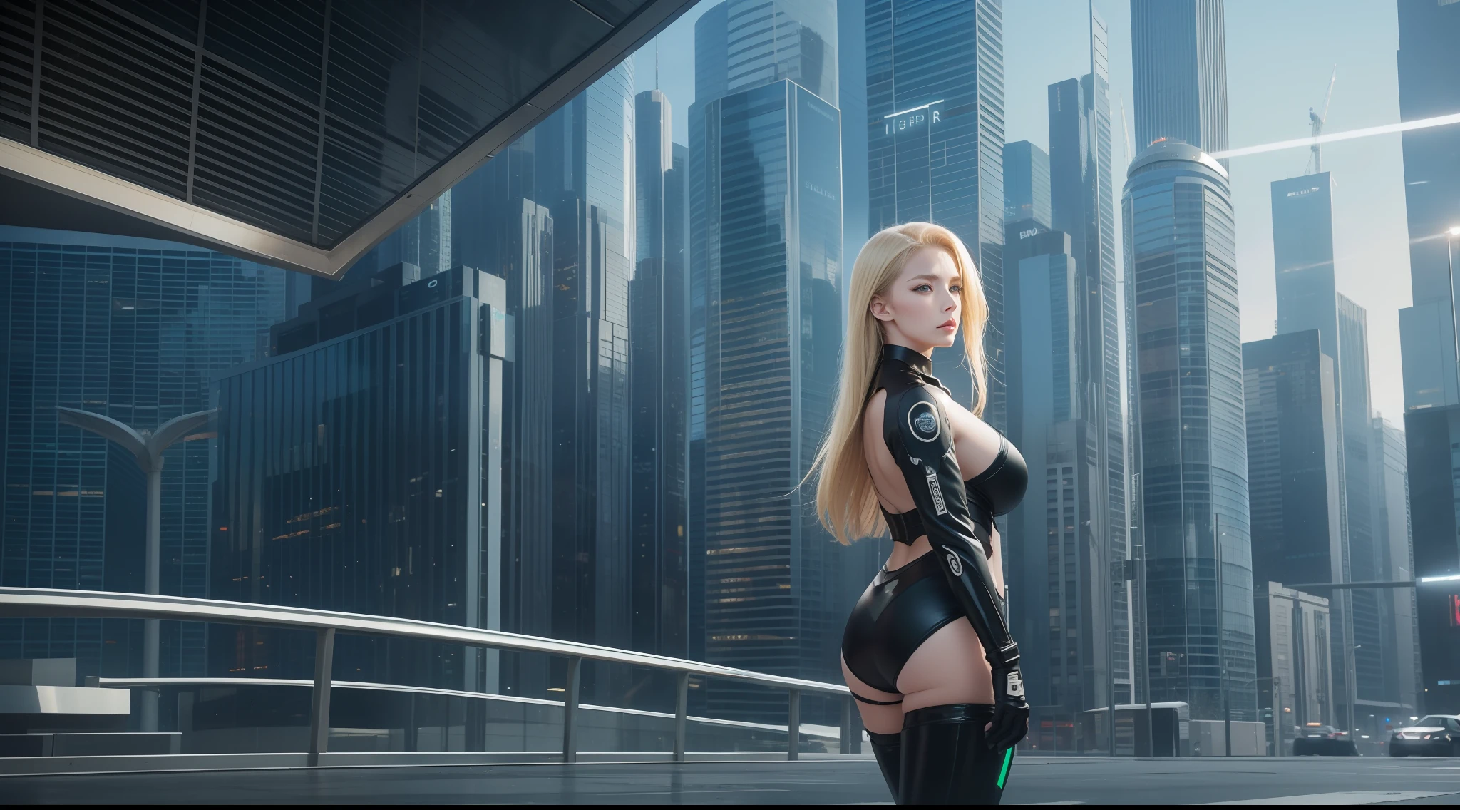 Award-winning photo from the waist up, wide-angle environmental shot, in front of futuristic buildings, sexy cyberpunk clothing, cracked porcelain skin, blonde woman, robust body, green eyes, vibrant, photorealistic, hyperrealism, strong impressionist painting style, 1,618, elegant, ethereal, intricate, elaborate, hyper-realism, hyper-detailed, strong expressiveness and emotionality, cinematic lighting, visual clarity