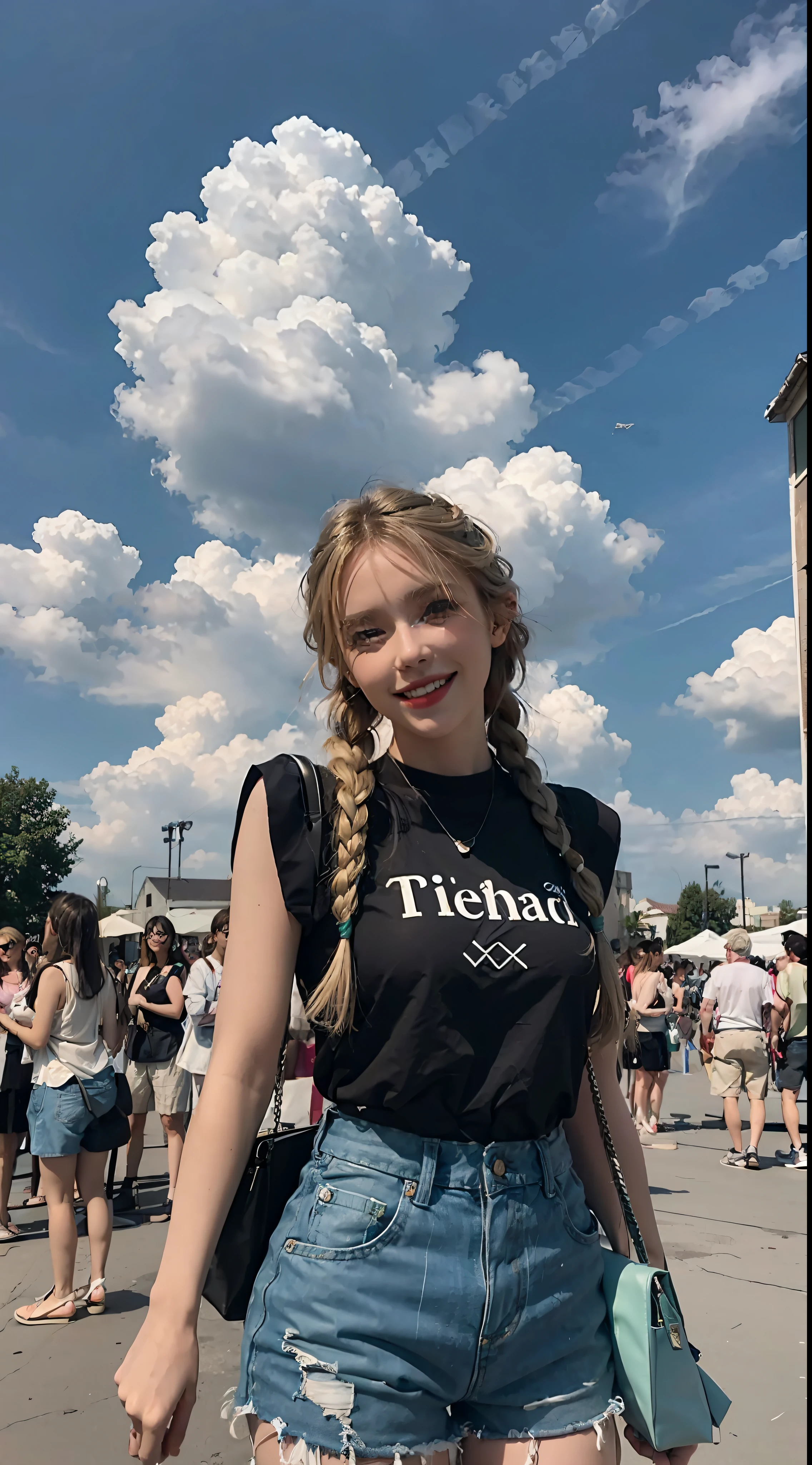 girl, solo, dress, blonde, green eyes, braids, shorts, outreach, first view, outdoors and looking at the audience, clouds, sky, smile, wind, shoot from below,