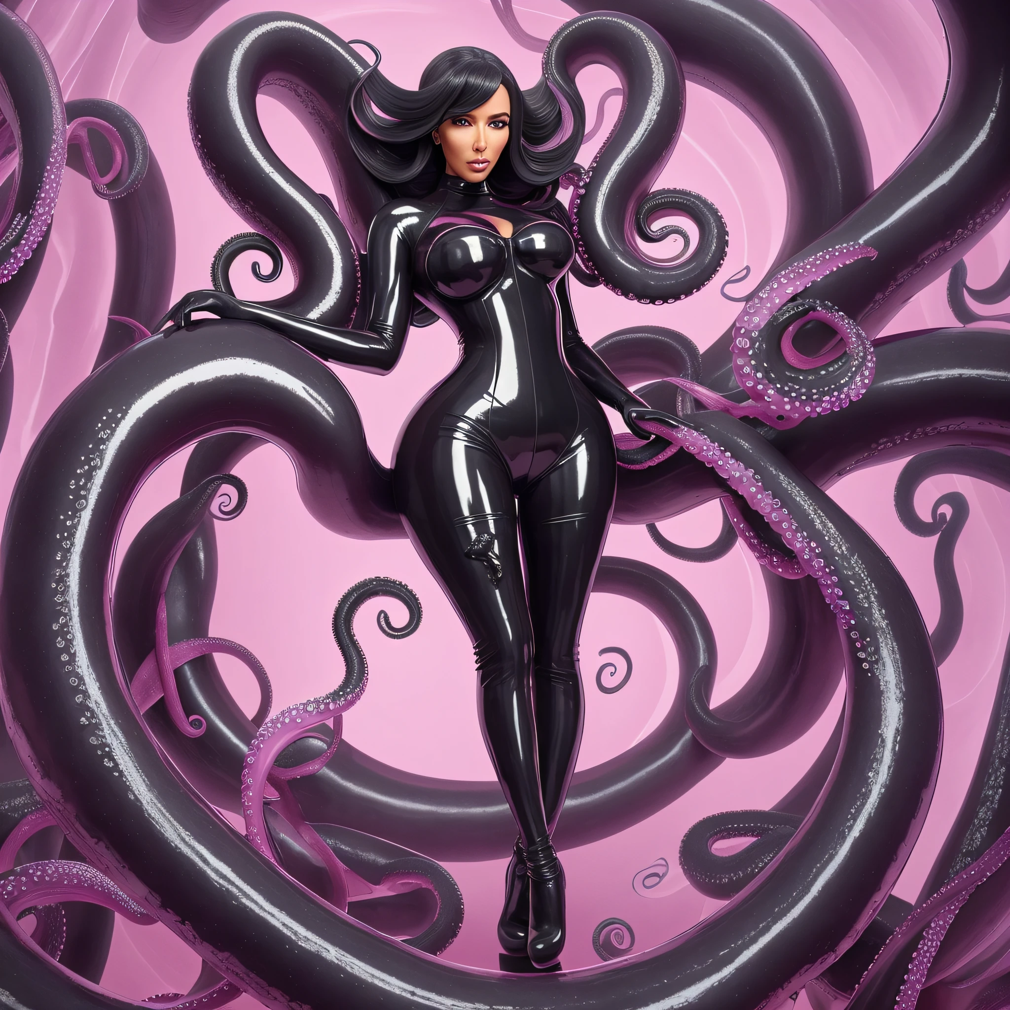 Kim Kardashian, big, full body, Scylla with 8 octopus tentacle legs, black hair, (realistic:1.4), best quality, ultra high resolution, 4k, instagram, very detailed, full body, , octopus tentacles, in a pink top and a pink evening dress which has an octopus tentacle lower body, posing, these octopus tentacles are her legs, it's her limbs, her black tentacles are fidgeting, she's wearing an Atsuko Kudo latex outfit,  that is covered with tentacles, gigantic oily tentacles, huge tentacles, large tentacles that creep around, latex --auto --s2