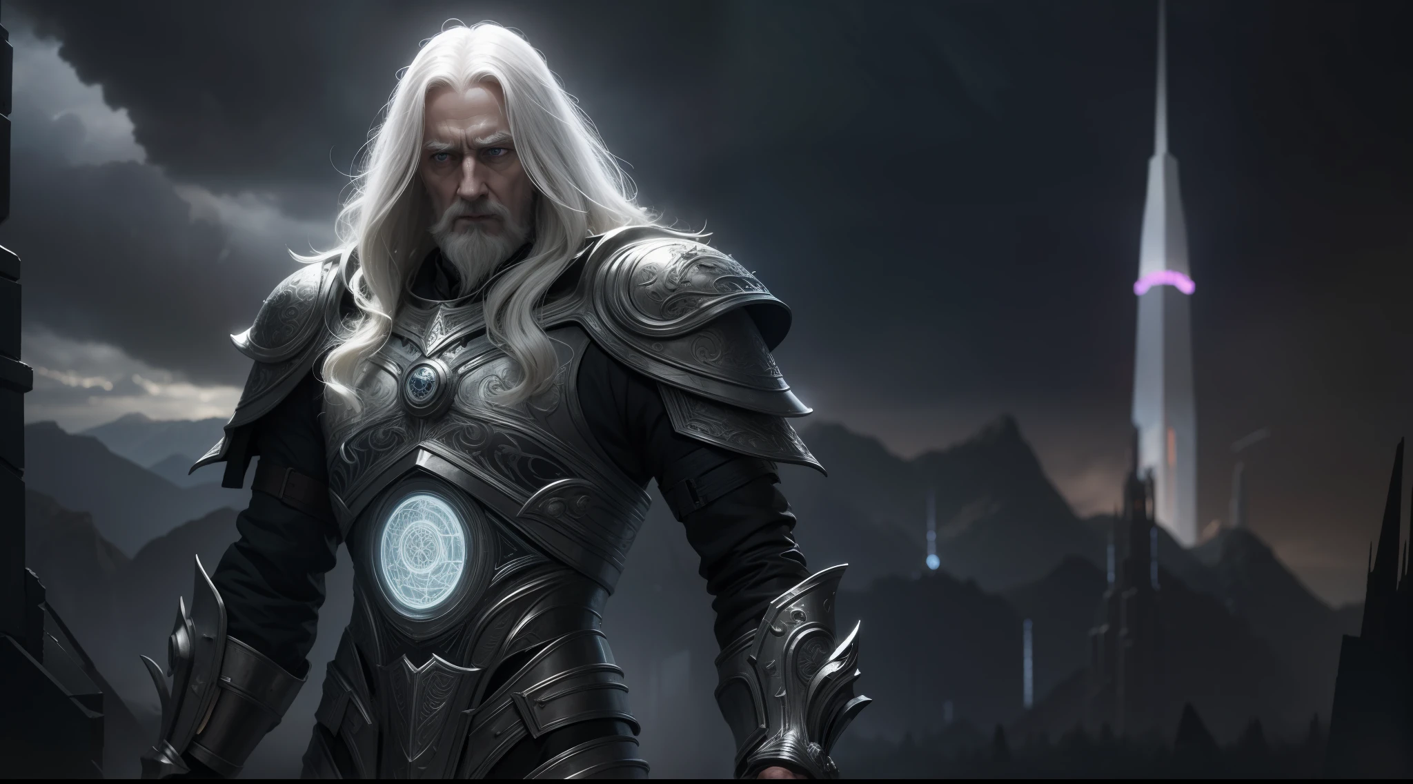 Saruman the white, with cybernetic enhancements, Lord of the Rings, J.R.R. Tolkien, cyberpunk city background, vibrant, photorealistic, hyperrealism, strong impressionist painting style, 1,618, elegant, ethereal, intricate, elaborate, hyper-realism, hyper-detailed, strong expressiveness and emotionality, cinematic lighting, visual clarity