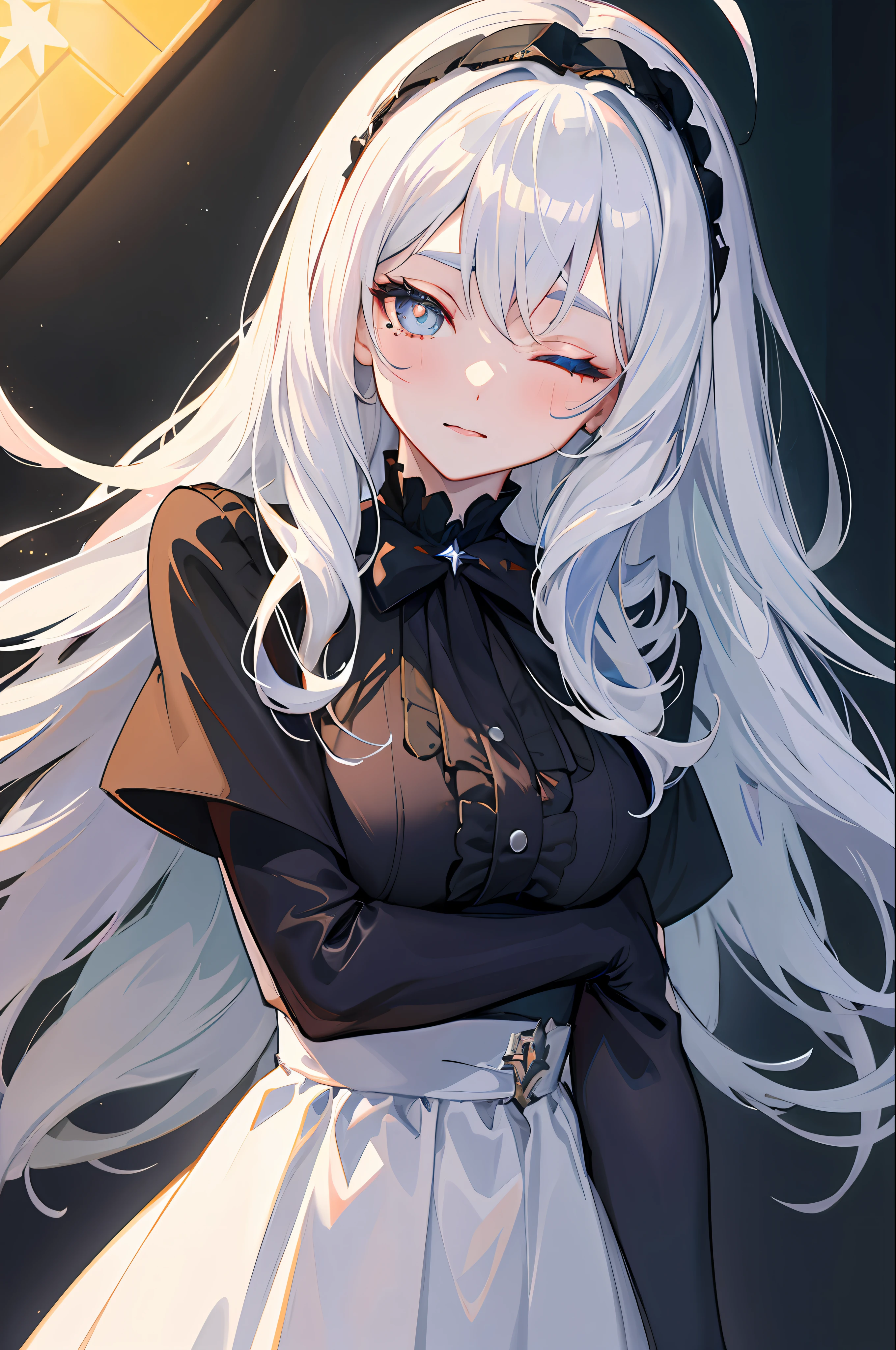 Long silver-white hair with a hint of blue, Starry eyes, It looks even more beautiful than an immortal, ahoge, hair strand, goggles, lolita hairband, mole under eye, star-shaped pupils, one eye closed, amber eyes, color contact lenses, blush, high detail, anime, Romanticism, modern, Gothic art, anime style, cinematic lighting, ray tracing, motion lines, tachi-e, first-person view, close-up, Sony FE GM, UHD, high details, best quality, 8k