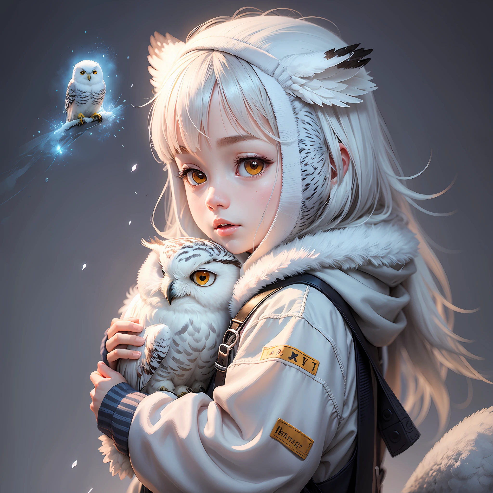 Cute, Q version avatar, snowy owl and little girl, beautiful anime artwork, simple clean background --auto --s2