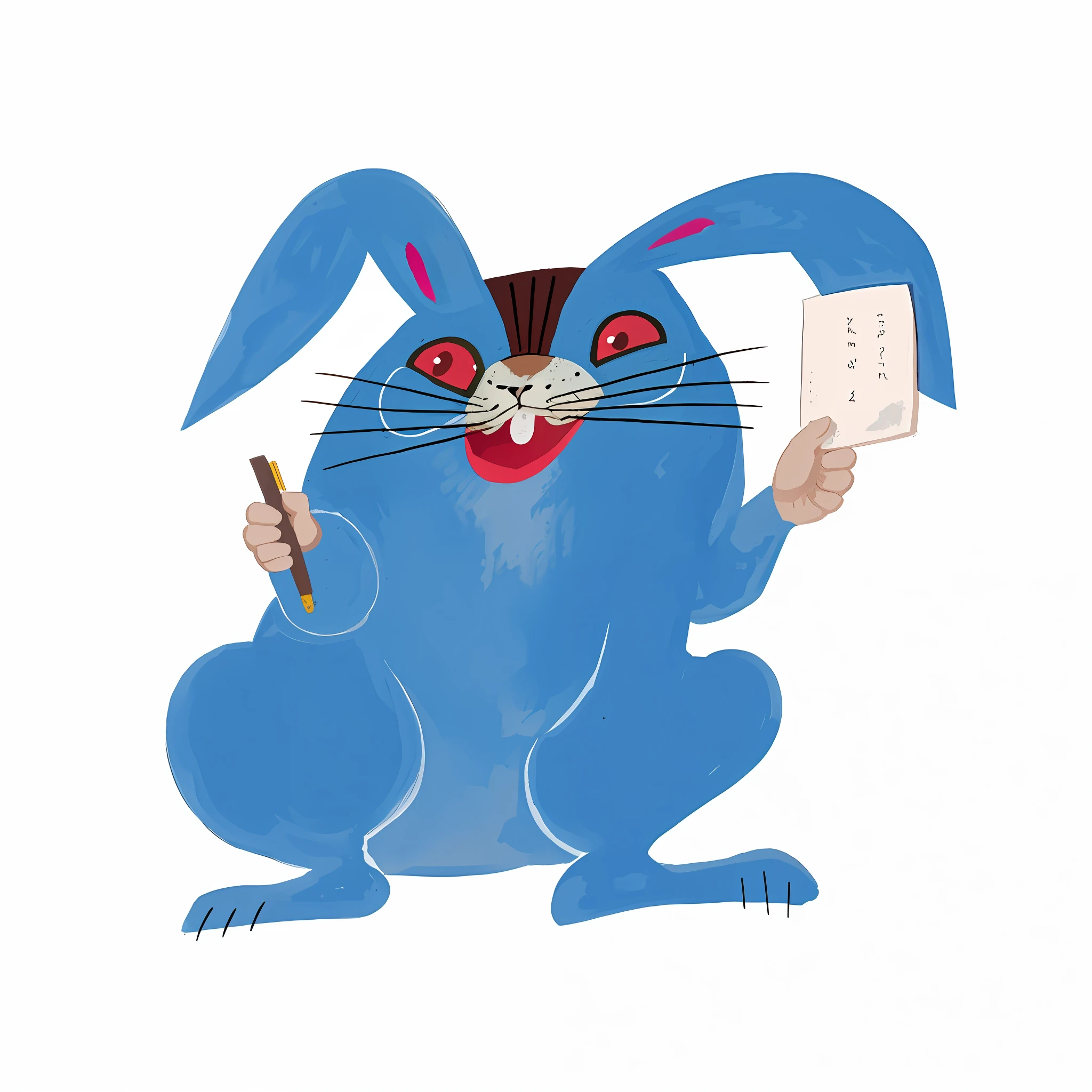 A blue rabbit holding a cartoon drawing of a piece of paper, rabbt_character, anthropomorphic rabbit, three-dimensional cartoon rabbit