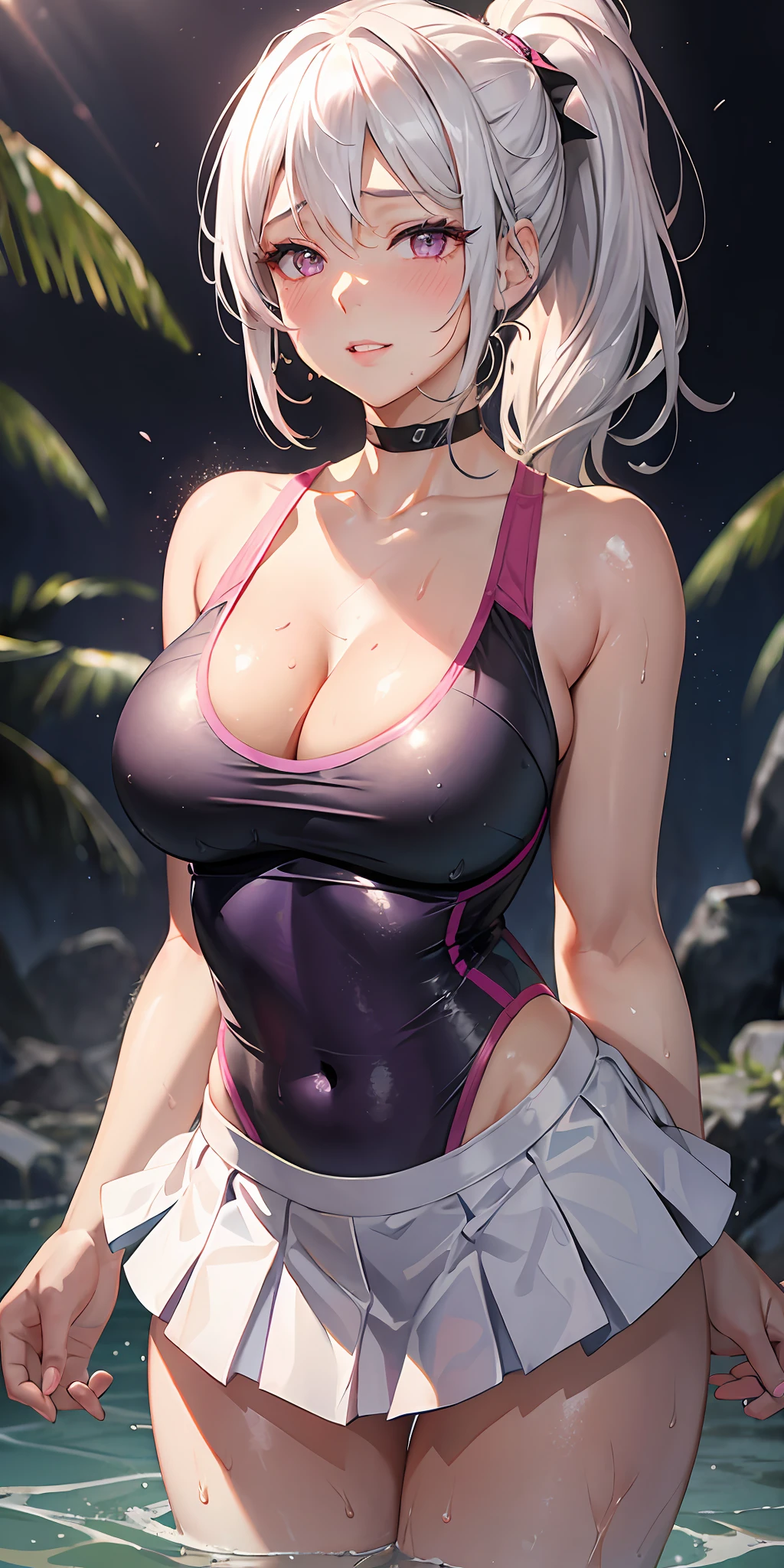realistic, 1girl, ponytail, parted lips, blush, makeup, light smile, white hair, sportswear, skirt, wet clothes, glow, thighs, purple eye, bare shoulders, collarbone, narrow waist, sunbeam, sunlight, rose, wind, cleavage, (masterpiece), sweat,