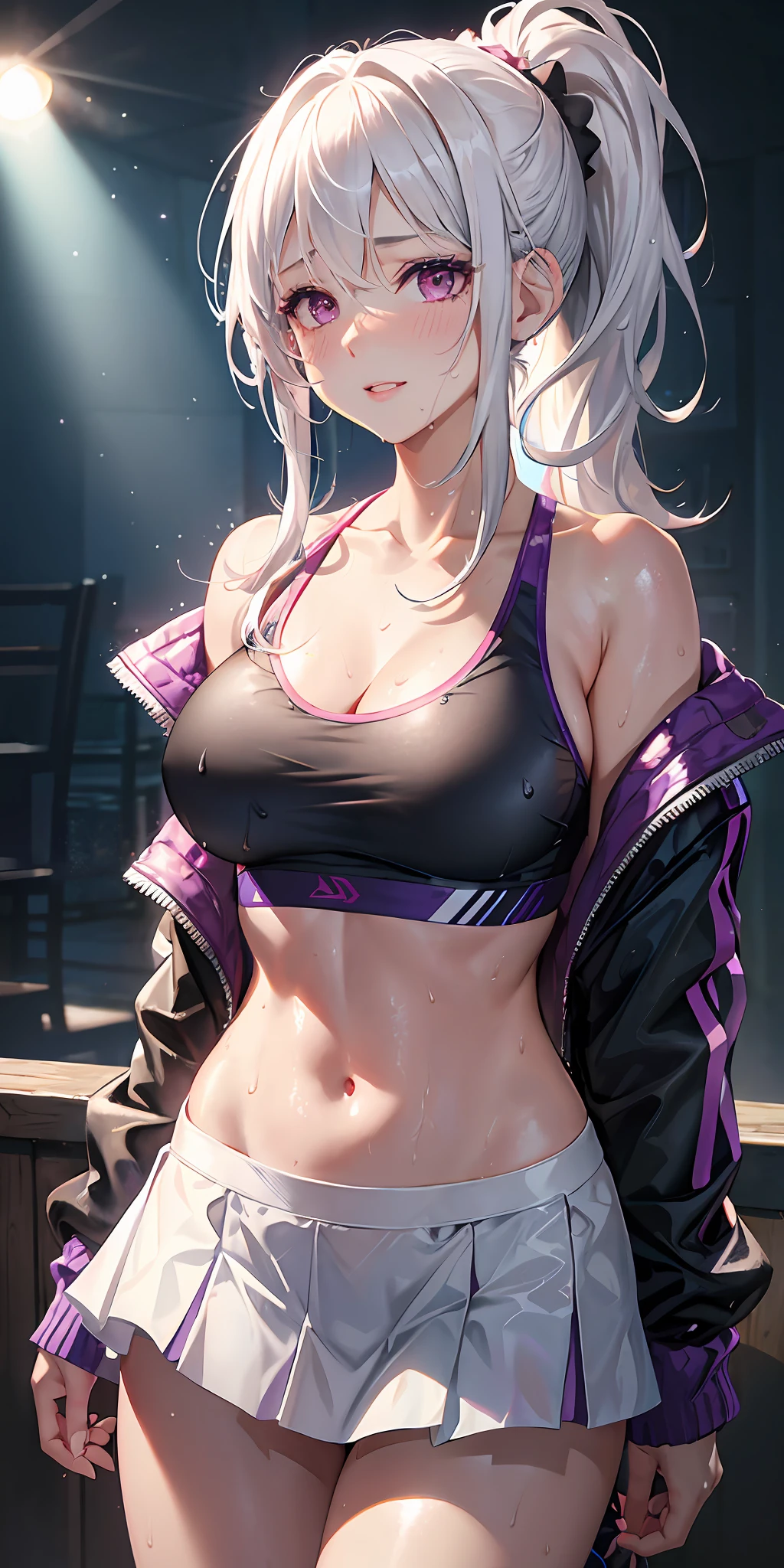 realistic, 1girl, ponytail, parted lips, blush, makeup, light smile, white hair, sportswear, skirt, wet clothes, glow, thighs, purple eye, bare shoulders, collarbone, narrow waist, sunbeam, sunlight, rose, wind, cleavage, (masterpiece), sweat,