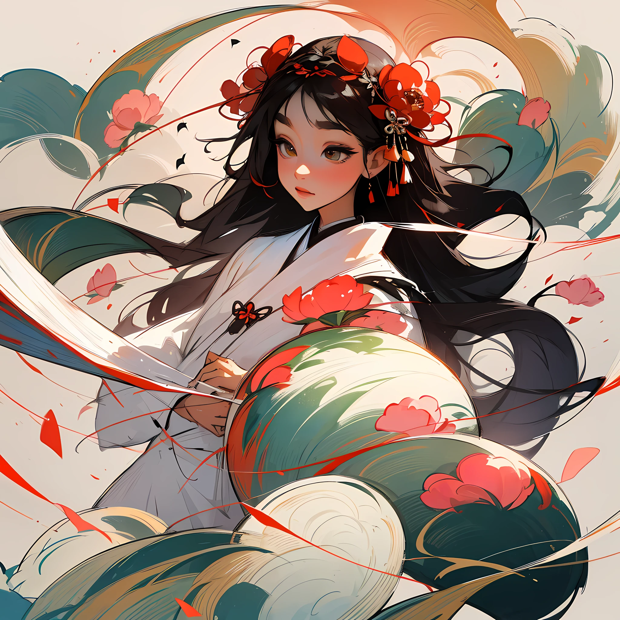 A beautiful Chinese girl, wearing peony hair accessories, wearing ancient Chinese clothing, beautiful details, rich light, beautiful female body, lancet eyebrow, meticulous eyes, flowing skirt, floating clouds, watercolor, ink painting, harmonious and unified tone, Xin Qi rendering, perfect art, fresh color background, ancient Chinese artist Qiu Ying style, soft shadow, Clean sharp focus, cinematography, center composition, poster design, cinematography, Panorama, 32K, -- v 6