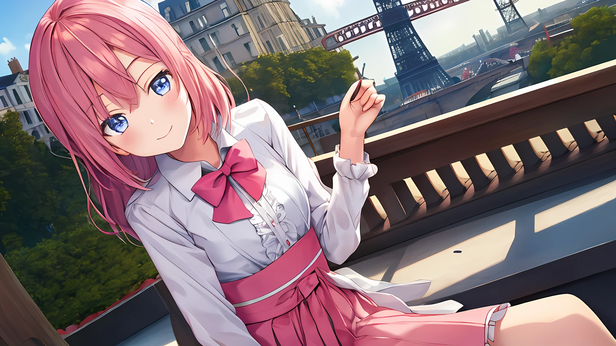 1girl, charming, seductive gesture, cute in 22 year old adult, solo, masterpiece, best quality, (anime), pink hair, Japan uniform, small tits, pink, looking at the viewer, facing the front, smiling, 18th century, sitting outside in a café in Paris, Eiffel Tower in the background, flower pedal in the air, ultra detail, illustration, portrait