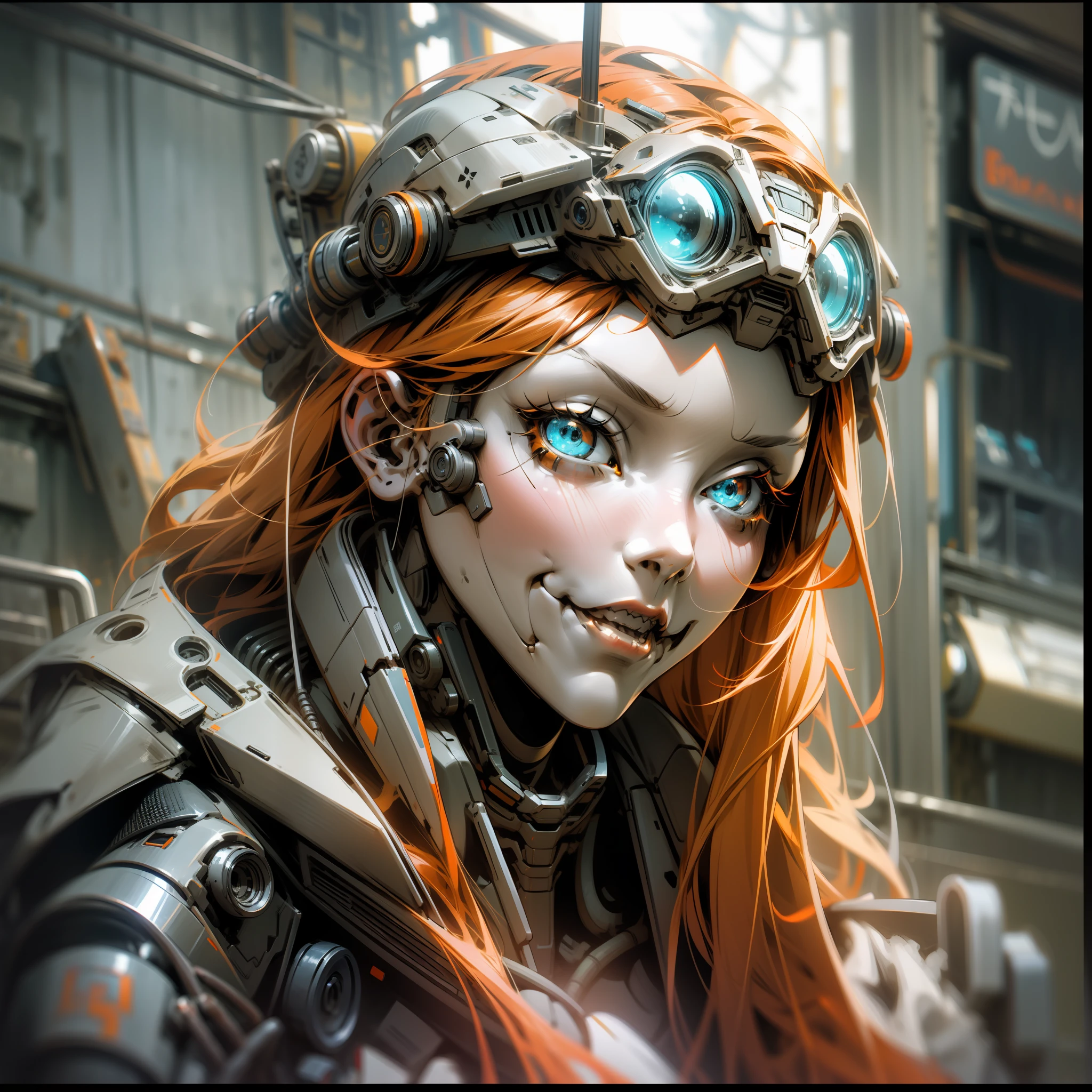 cyberpunk, a pretty girl, close-up, ray tracing, HDR, orange hair, blue headband, black and white infrared skeleton mech, battlefield ruins, neon sign, apocalypse --auto --s2
