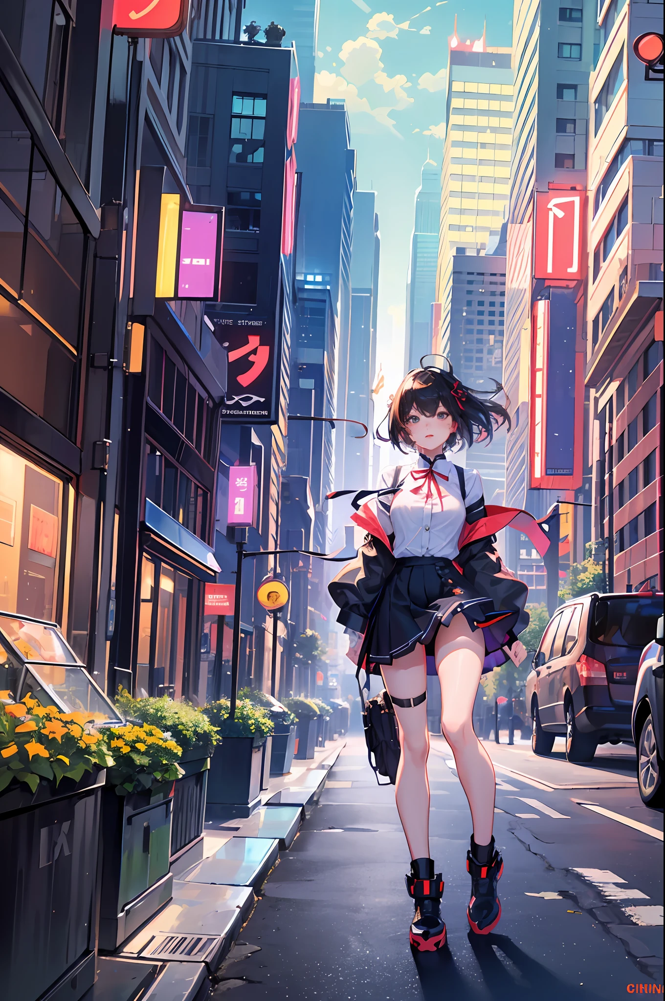 (fine best quality, detailed, high resolution illustration), (urban tech clothing, cybernetic background, sunny city), (1 girl, back, full body, beautiful girl,,), (hips, short skirt, ribbon, button shirt)