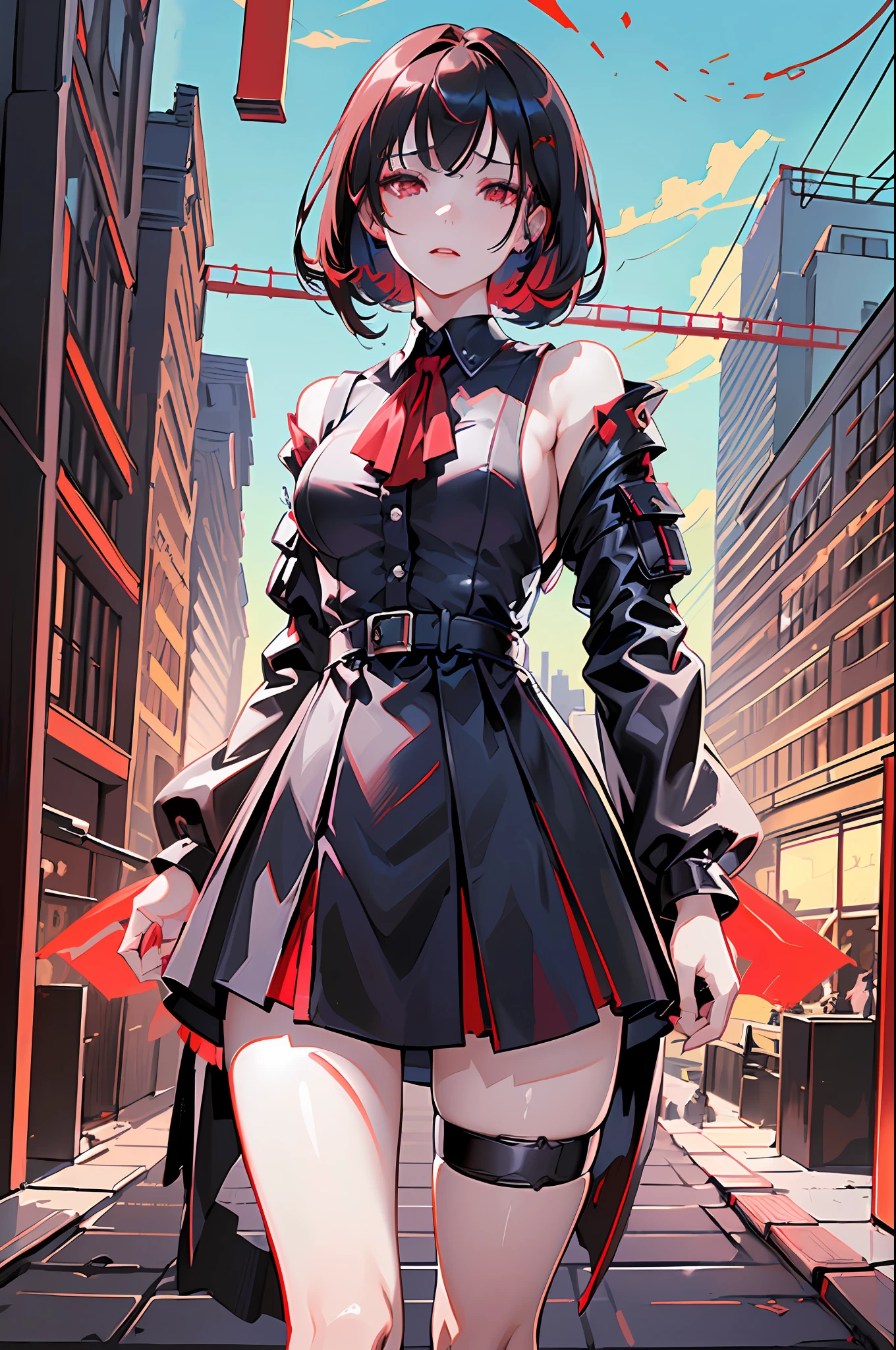 (finely detailed beautiful red eyes and detailed face,masterpiece sidelighting,masterpiece,best quality,detailed,high resolution illustration),(urban techwear, cybernetic background, sunny city),(1girl,whole body,bishoujo,lustrous skin,looking down,looking at viewer),(black hair,red eyes,short skirt,ribbon,button shirt)