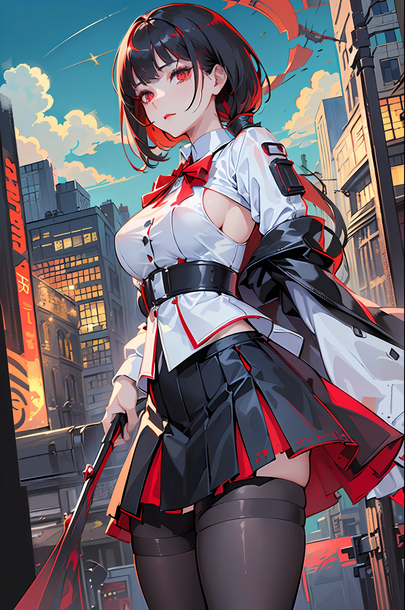 (finely detailed beautiful red eyes and detailed face,masterpiece sidelighting,masterpiece,best quality,detailed,high resolution illustration),(urban techwear, cybernetic background, sunny city),(1girl,whole body,bishoujo,lustrous skin,looking down,looking at viewer),(black hair,red eyes,short skirt,ribbon,button shirt)
