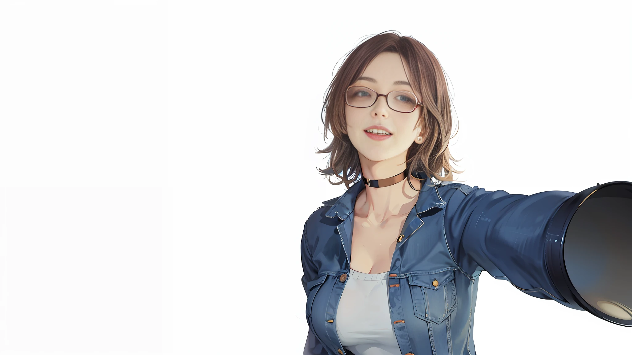 a short hair girl, smoky brown hair, beautiful girl, with glasses, with choker, happy, smilling, mouth open loud