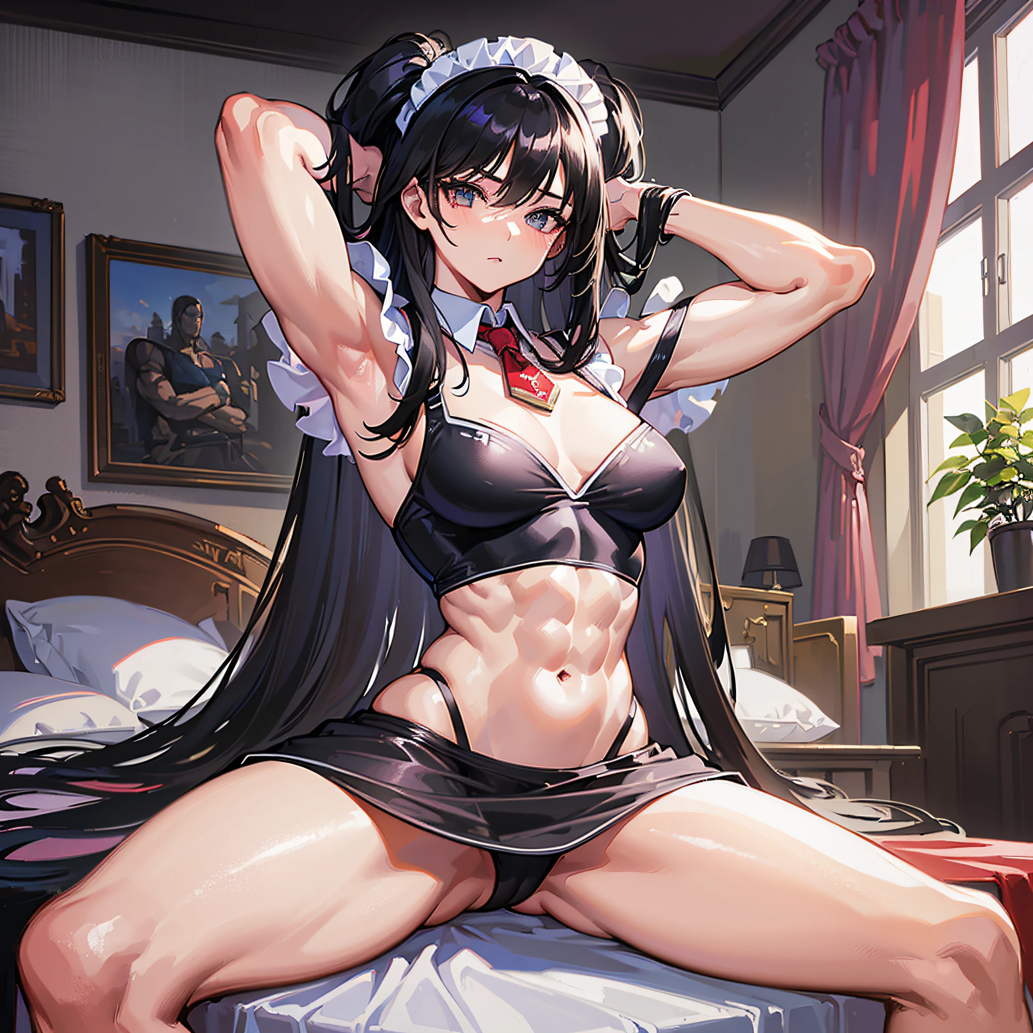 ((Masterpiece)), ((highest image quality)), ((highest image quality)), (illustration of one girl), long black hair, ((flat)), (tall), ((muscular strong body)), ((muscular chest plate)), ((muscular and thick arms)), ((muscular and thick legs)), (manspreading)), open legs, (((maid clothes)), indoors, bed,
