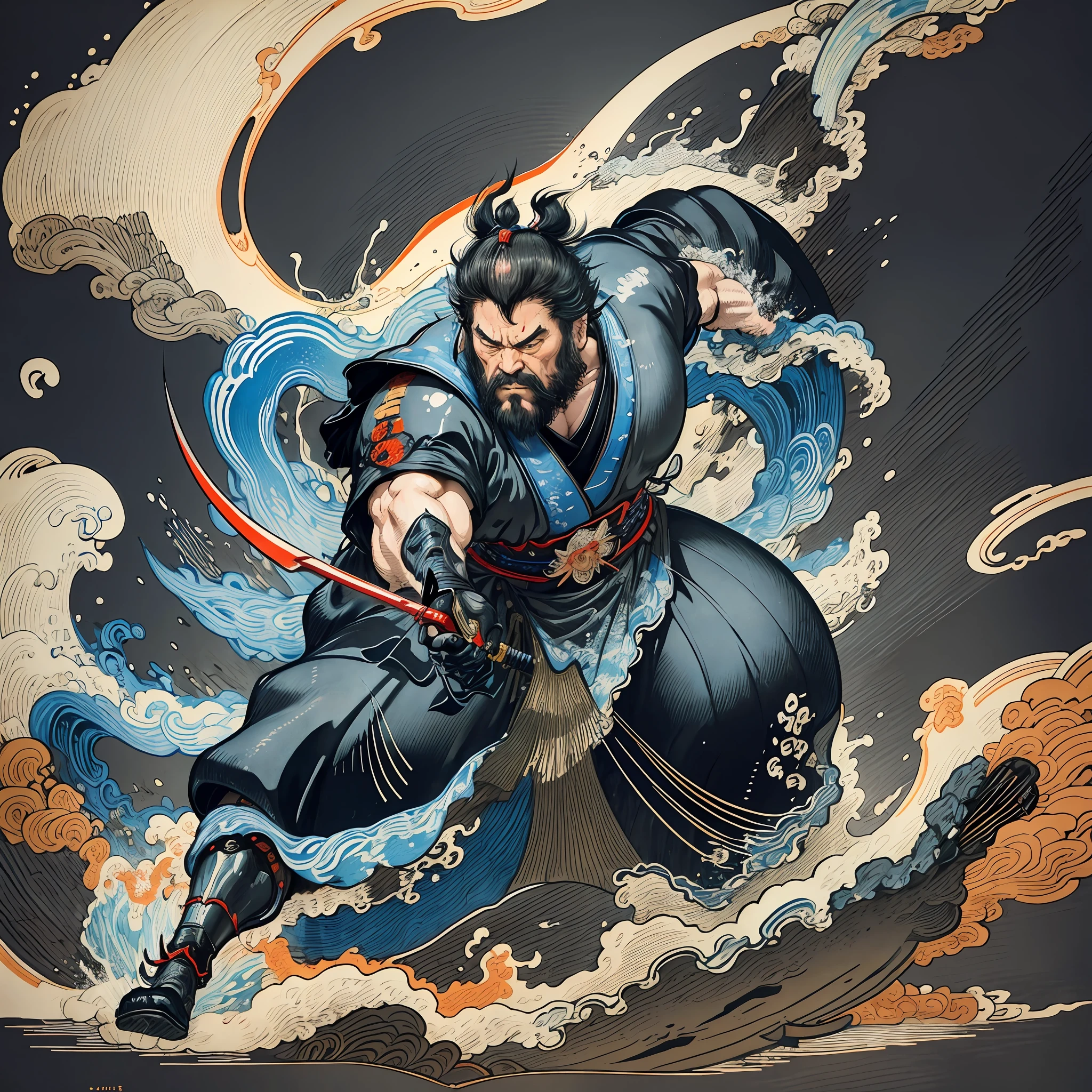 It is a full-body painting with natural colors with Katsushika Hokusai-style line drawings. The appearance of swordsman Miyamoto Musashi fighting with a large body like a strongman. Samurai of Japan. He has a dignified yet manly expression of determination, short black hair, and a short, trimmed beard. His upper body is covered with a black kimono, and his hakama should be knee-length and drawn in a flowing shape that flutters in the wind. He holds a Japan sword in his right hand. In the highest quality, Miyamoto Musashi stands in the midst of high-resolution ukiyo-e-style lightning and swirling flames.