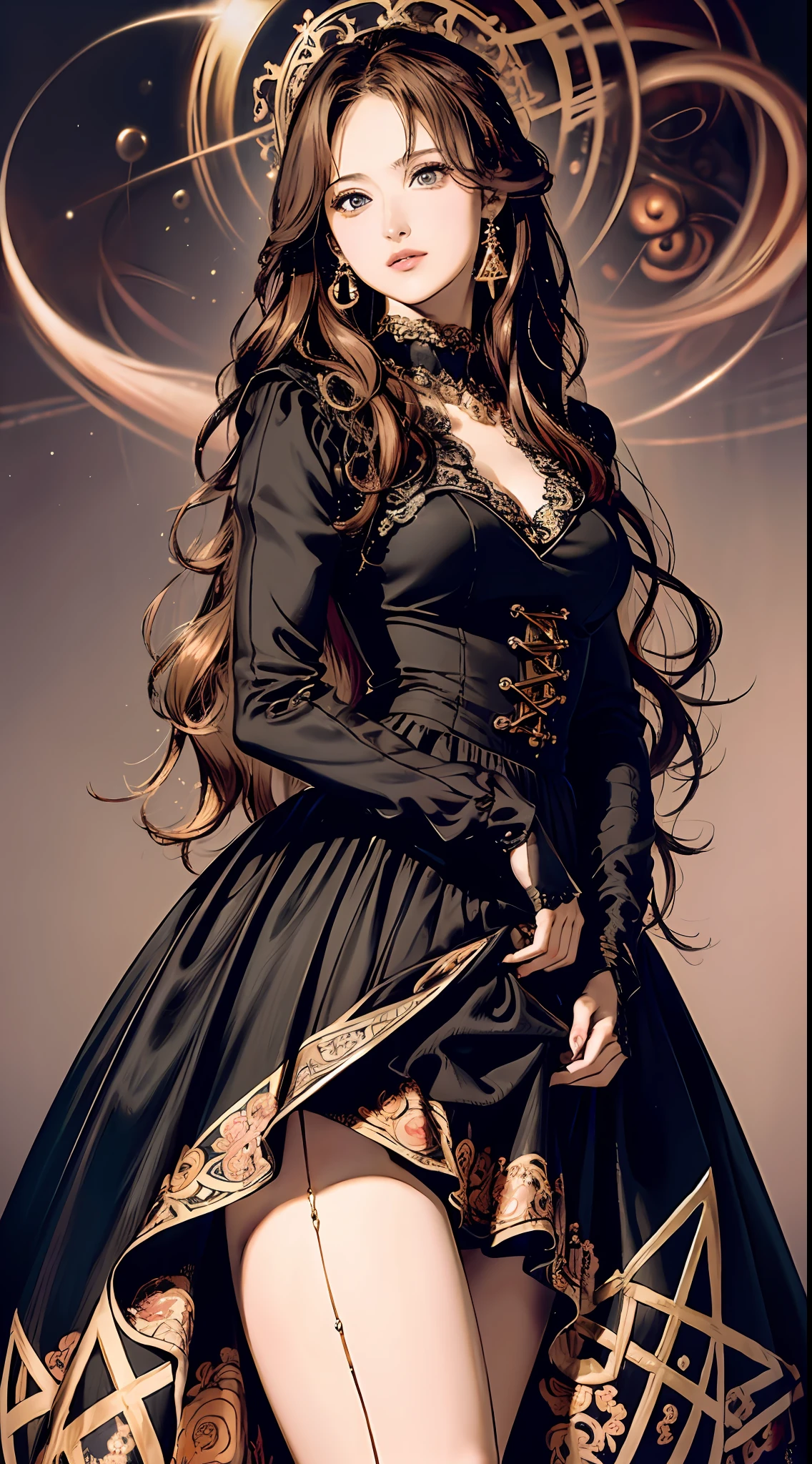 (masterpiece, best quality), ultra high res, illustration, (style of ayami kojima:1.4), 1girl, filigree black gown, wavy hair, dark theme, visually stunning, beautiful, intricate