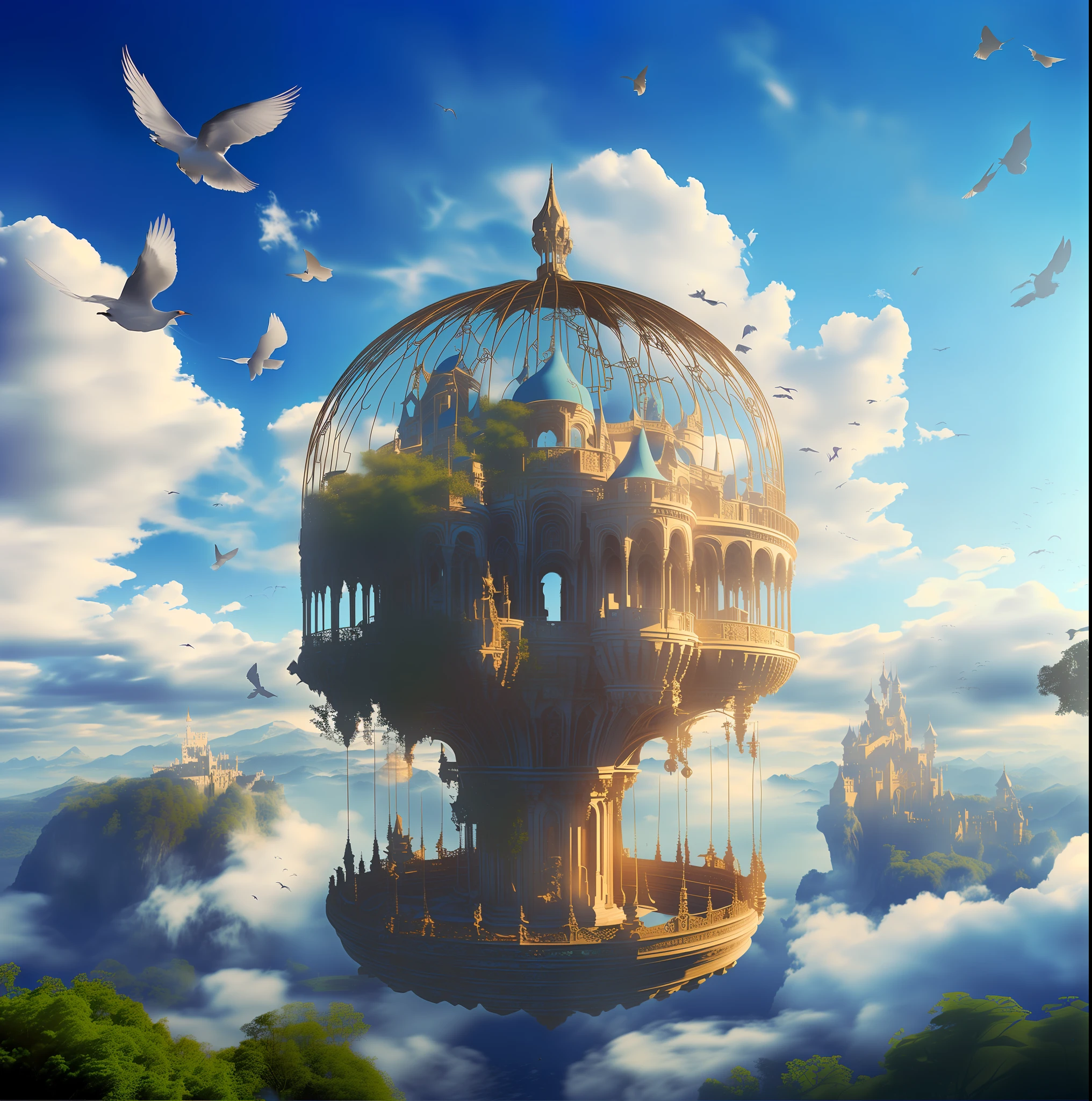 There is a birdcage with birds flying around it, flying cloud castle, palace floating in the sky, beautiful rendering of fairy tales, floating city in the sky, surreal 3D rendering, flying island in the sky, matte painting in fantasy style, cloud palace, floating palace, palace floating in paradise, 4K highly detailed digital art, surrealism, 8K, epic poster, chained around the birdcage,