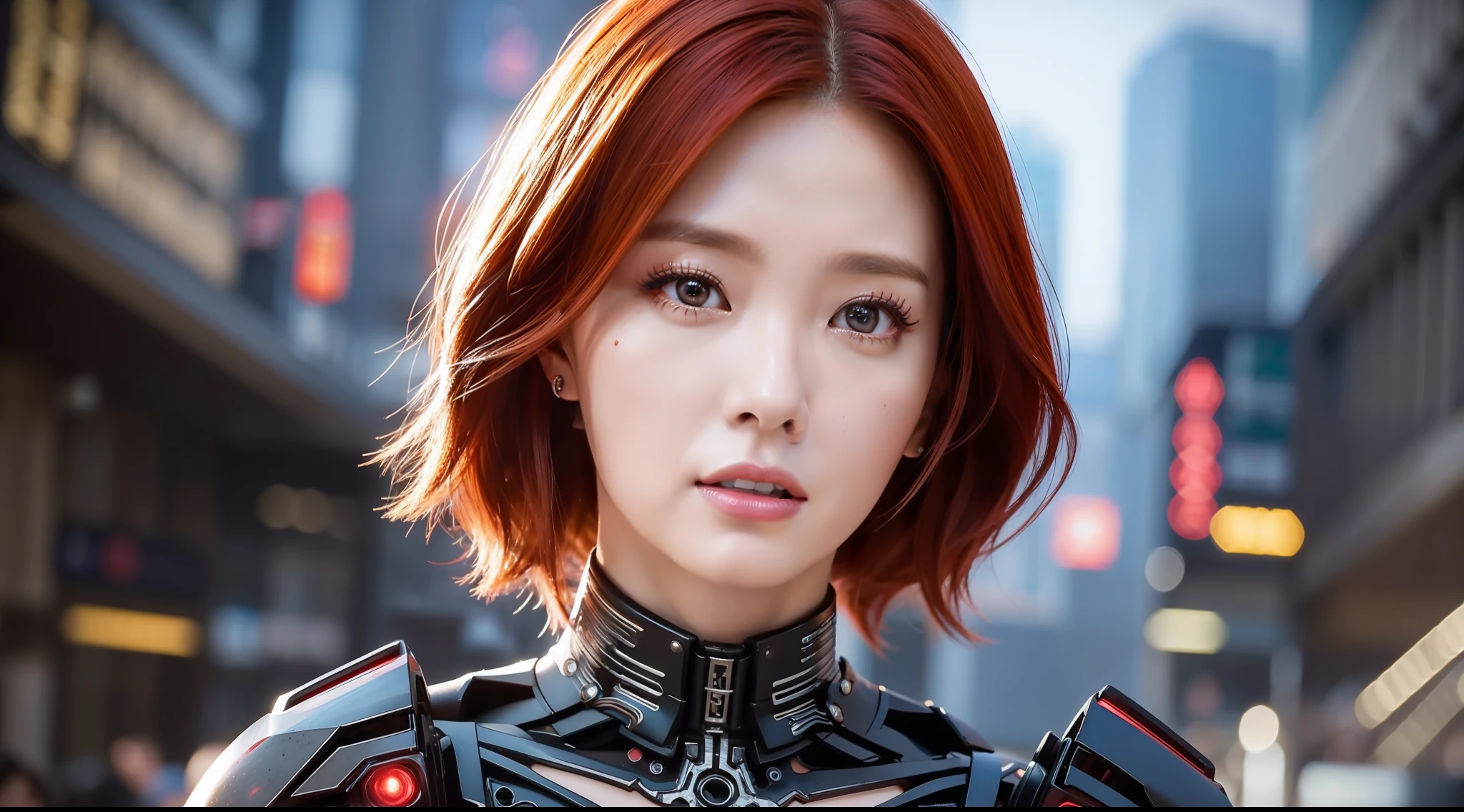 Award-winning photo from the waist up, red-haired woman showing her face, alone, from the torso up, with cybernetic enhancements with tattooing of magical symbols, in front of cyberpunk buildings, vibrant, photorealistic, hyper-realism, strong impressionist painting style, 1,618, elegant, ethereal, intricate, elaborate, hyper-realism, hyper-detailed, strong expressiveness and emotionality, cinematic lighting, visual clarity