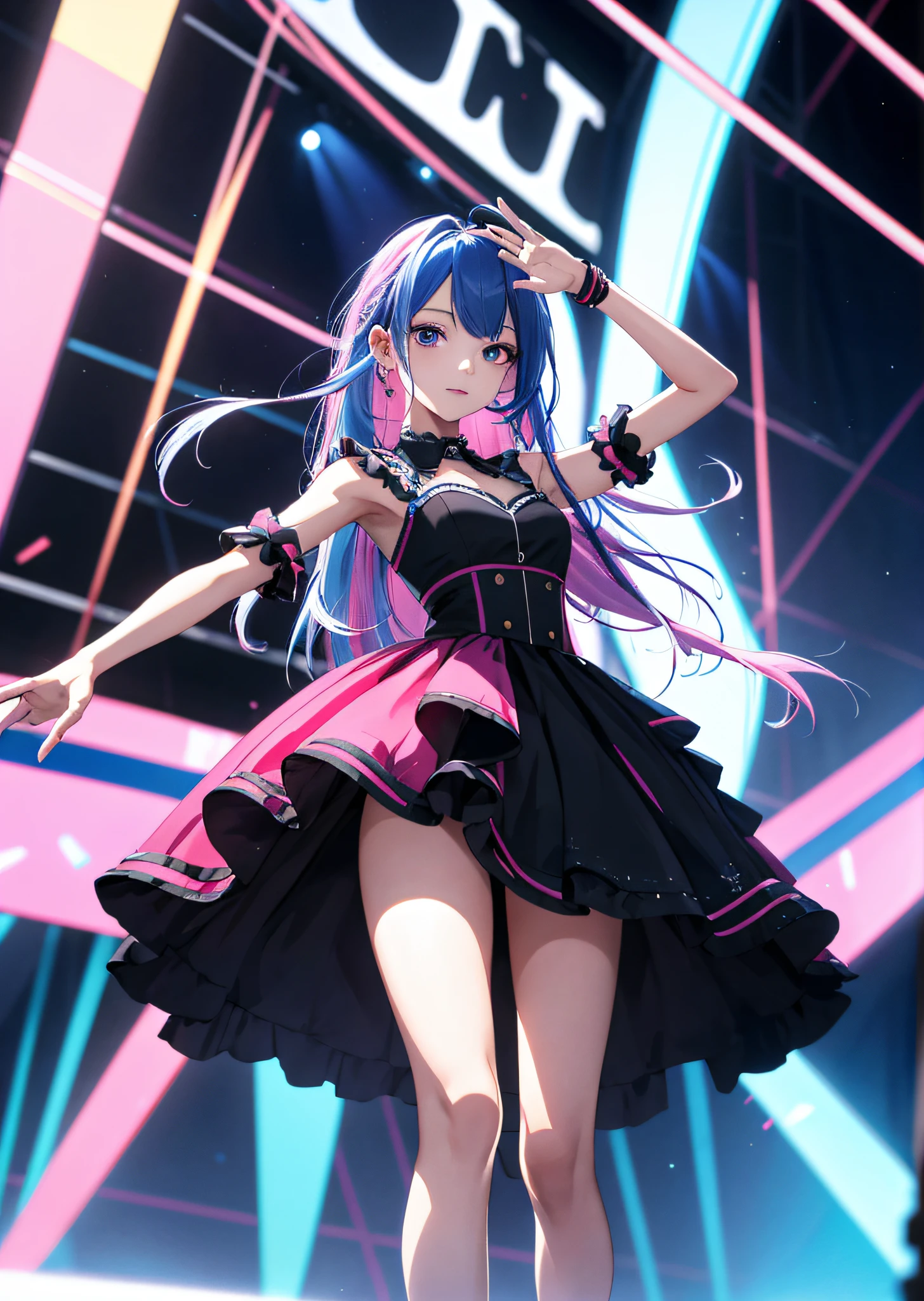 Background black, best quality, frontal, perfect body, perfect hand, frontal, full body, standing picture, girl in stage costume, blue and pink two color hair color, long hair, clear eyes
