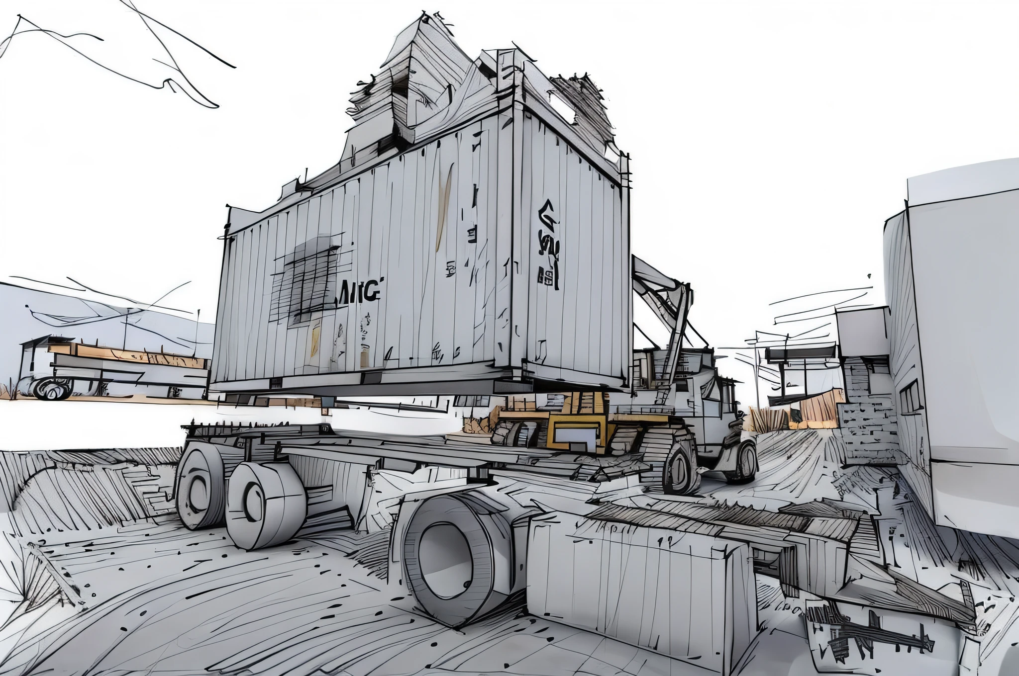 linear, gray, white background, simple background, sketch, sketch, pen_sketch_style, there is a large bulldozer that is parked in front of the truck, lifting the container, loading, heavy machinery, large shovel, mining scrap metal, gravel, hard work, massive construction machines