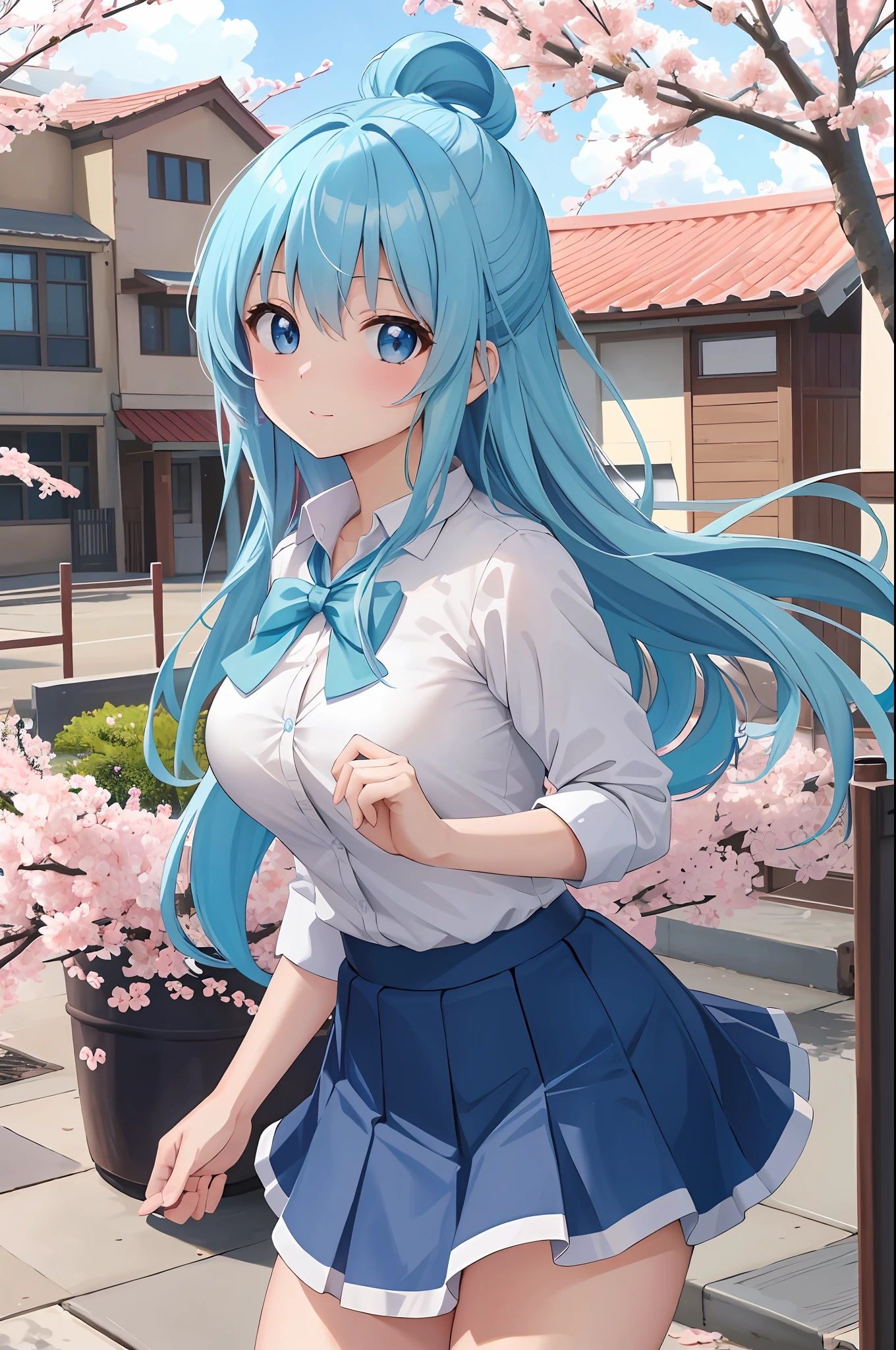 masterpiece, best quality, high resolution, extremely detailed, detailed background, cinematic lighting, 1girl_aqua_konosuba, beautiful, medium breasts, school uniform, skirt, public indecency, looking at the viewer, blue eyes, long blue hair, buildings, outdoors, cherry blossoms, bokeh.