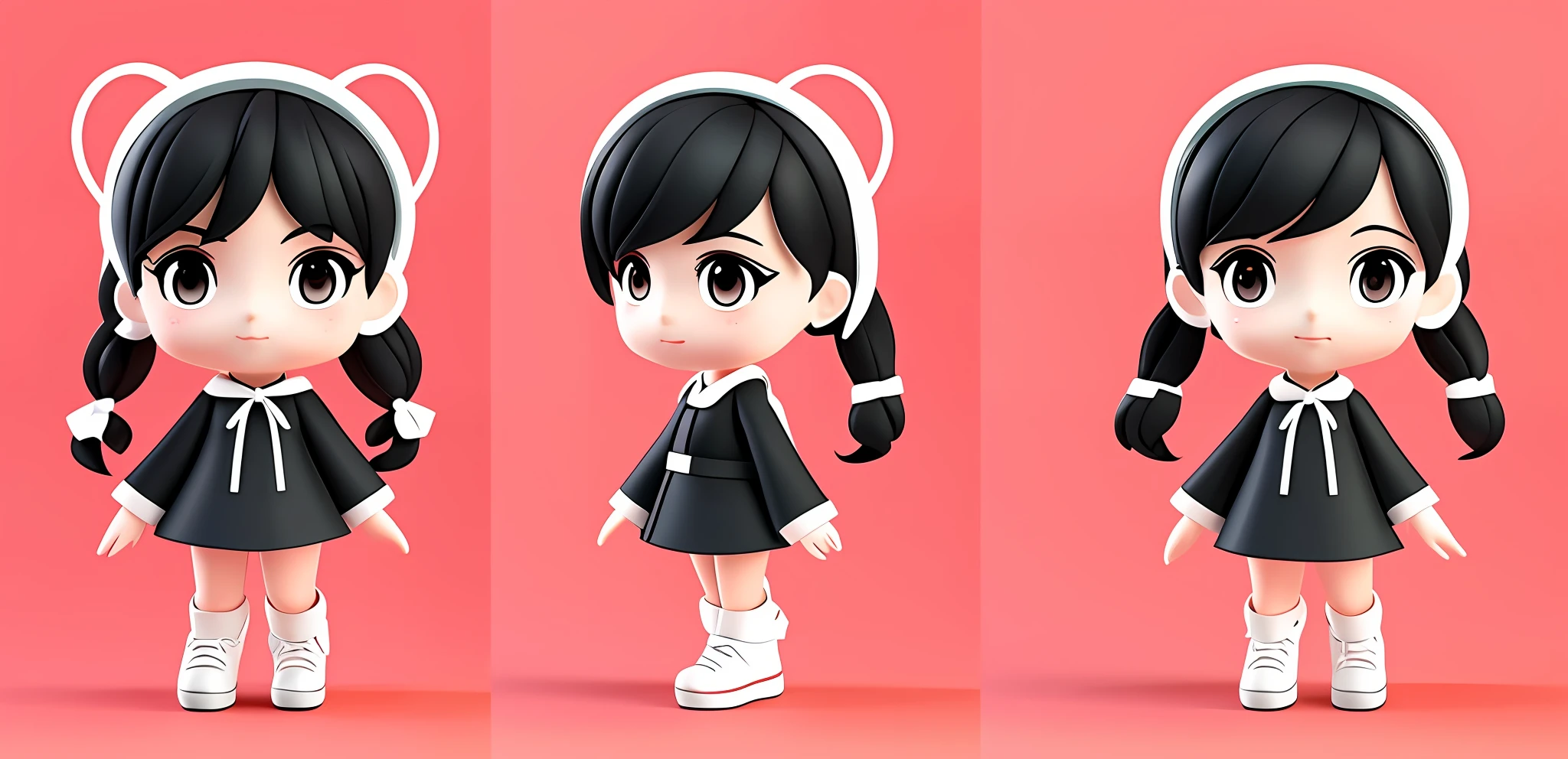 Same character, front, side, back, full body, multiple views, 3D rendering, simple background, very thin edge lines, set of three cartoon girls with different hairstyles, simple line art, cel - shadow art style, clean anime silhouette, stylized lines, character poses, thick line art, character painting, clean line art, Line art!!, stylized character design, line art, flat anime style shadows, variable line art
