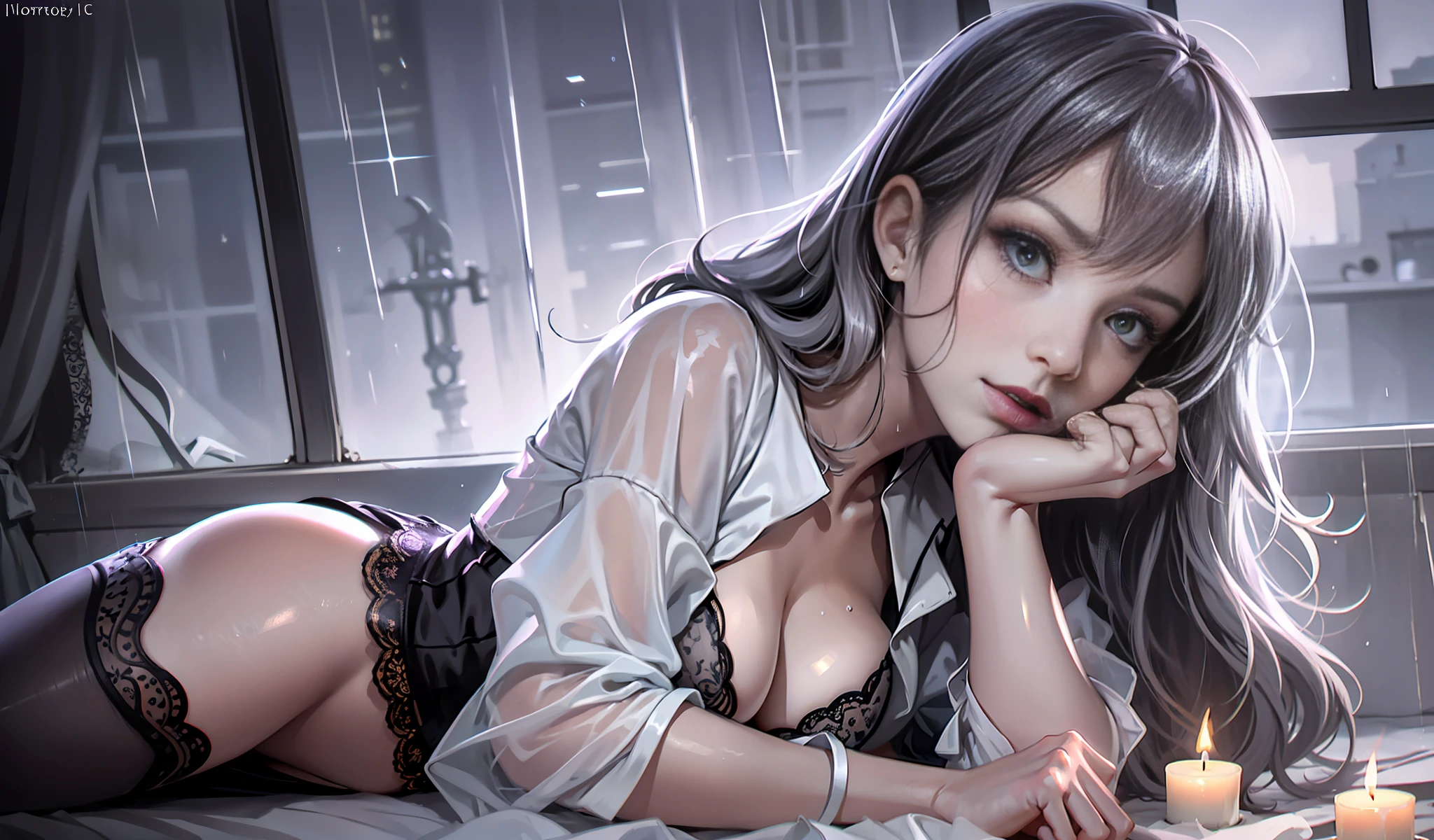 Masterpiece, Best Quality, (Dark Photo: 1.3), 1Girl, Flat Bangs, Stunning Innocent Symmetrical Face, Shirt, Emotional, Ulzzang, (PureErosFace_V1:0.7), Realistic, Pure Desire Seduction Ultra Detailed Illustration, 8k Portrait Rendering, 8K, High Quality, High Detail Art, Rendering an Ultimate Seduction Mature Girl. (Side view), facing the viewer, bloom effect, ultra-detailed face, lying on your side or enchanting standing posture, smiling, shutting up. Perfect legs and feet. Mid-chest, delicate eyes, delicate nose, rain, flowing hair NovaFrogStyle, silver hair, messy hair, squinted eyes, thin eyebrows, mature face, plump body, (collared shirt, lace, transparent shirt, white silk calf socks), dark studio, edge lighting, best details. (It's raining outside, wet skin, wet shirt, wet hair), long legs, [[black lace styling lingerie]]], (hair over one eye), (messy fabric, messy skirt, messy lingerie, lifted shirt), beauty and aesthetics, dreamy, dark and blurry valley landscpae, detailed background, soft shadows, warm lighting, bloom, contrast, light to dark reflection, film, dramatic light, wide dynamic range, 8k, HDR, low light: 1.2