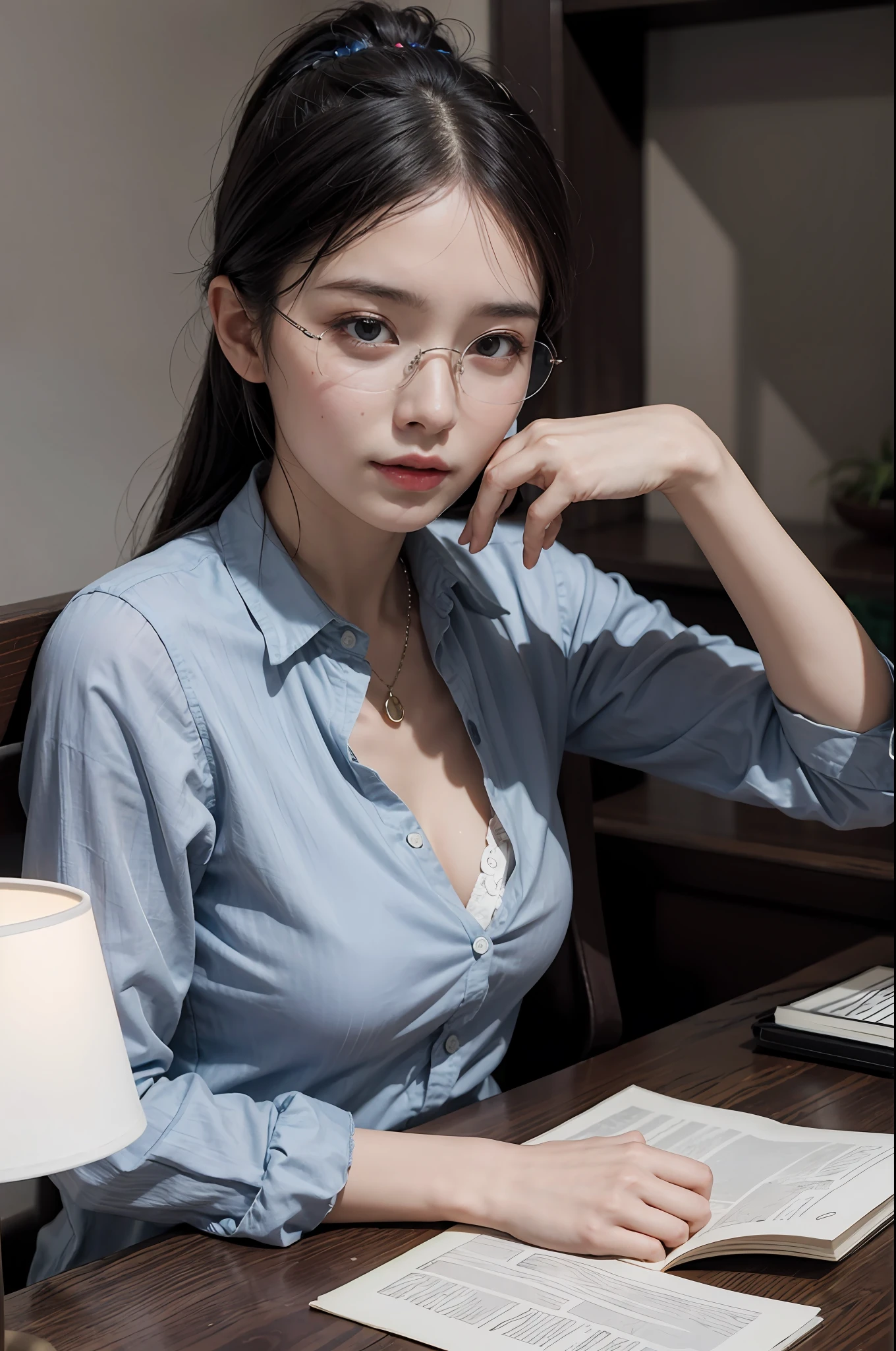 20 yo woman, black hair, short ponytail, thin frame glasses, thinking face, (wearing opened button shirt,medium breasts with cleavage), sitting, studying, BREAK, lying hand on table, holding pencil, opened book, books, a cup off milk, table lamp, BREAK, in living room, wall decor, mini library, glass window, wall clock,BREAK, cinematic light, photorealistic, masterpiece, best quality, complex CG, high detailed face, high detailed eyes,