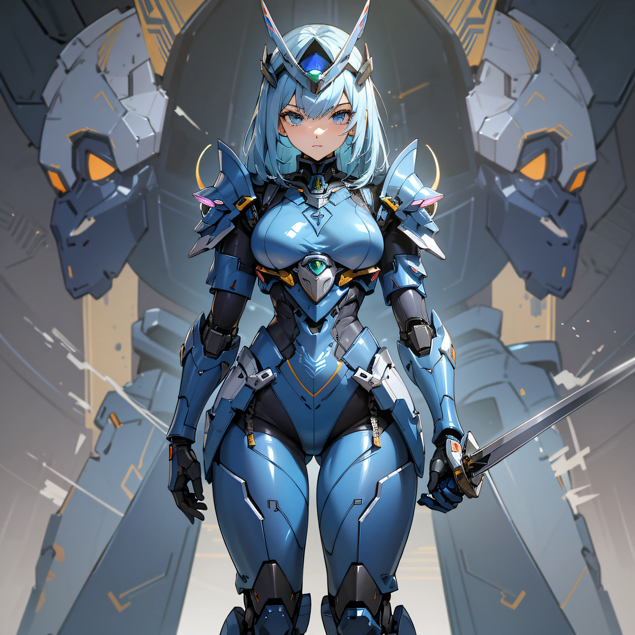 Blue paint, close-up portrait of a person in costume with a sword, cyber japan style armor, cyber japan armor, guyver style, girl in armor, monster hunter armor, full body mecha suit, perfect anime cyborg woman, cyborg noble woman, mecha cyber armor girl, detailed full body concept, female armor, anime character. Full Body Art --auto --s2