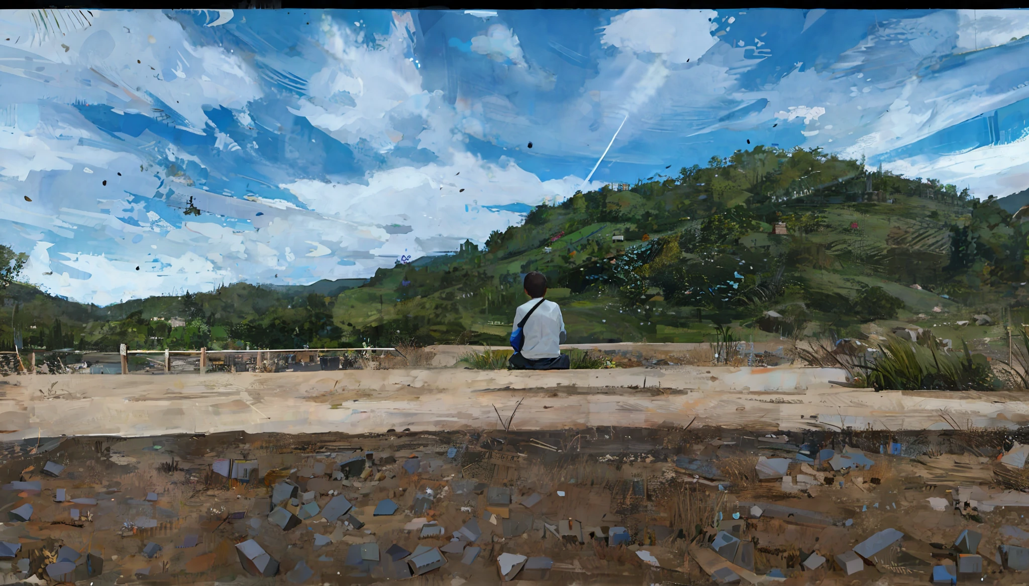 there is a man sitting on a bench in the middle of a dirt field, lonely scenery yet peaceful!!, sitting on the ground, chill time. good view, hills in the background, sittin, sitting near a river, amidst nature, visible from afar!!, sitting alone, in a scenic background, moutain in background, ruins in the background
