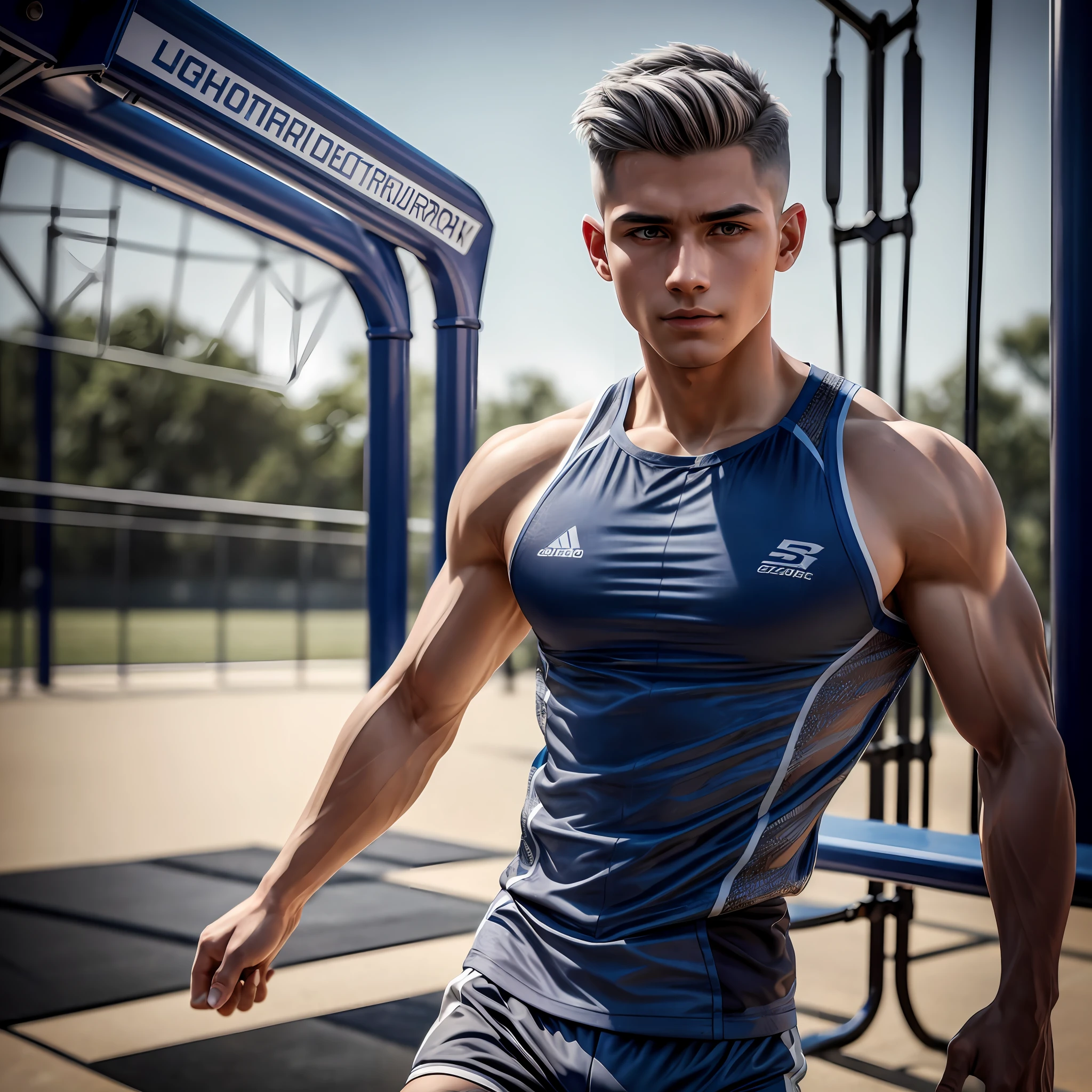 8k resolution, ultra-fine detail, delicate picture, strong light tracing, masterpiece, high quality, detail light, ray tracing, 1 boy, short gray hair, perfect face, blue ear drills, strong body, full body photo, sportswear, sneakers, on the playground runway, photo pose