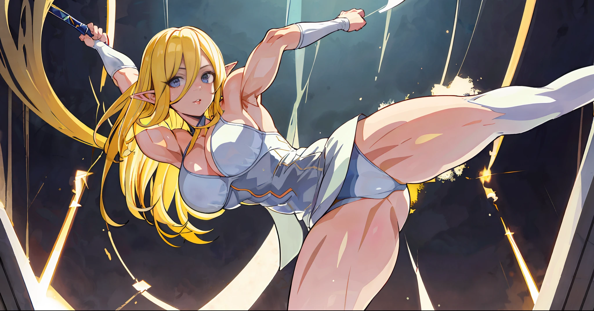 (Masterpiece, best quality), (looking at the viewer), 1 girl, wifu, NSFW, ((muscle girl) abdomen, legs, arms, thighs, all strong and tornadoes), huge breasts, laughs512, dark shadow makeup, dark lips, (white bodycon dress), (aroused_face:1.4), Medieval arena, battle arena, wielding a sword with her hand, shame, big chest, panties, light, (long yellow hair: 1.4),  bra,, standing on the side, elf ears
