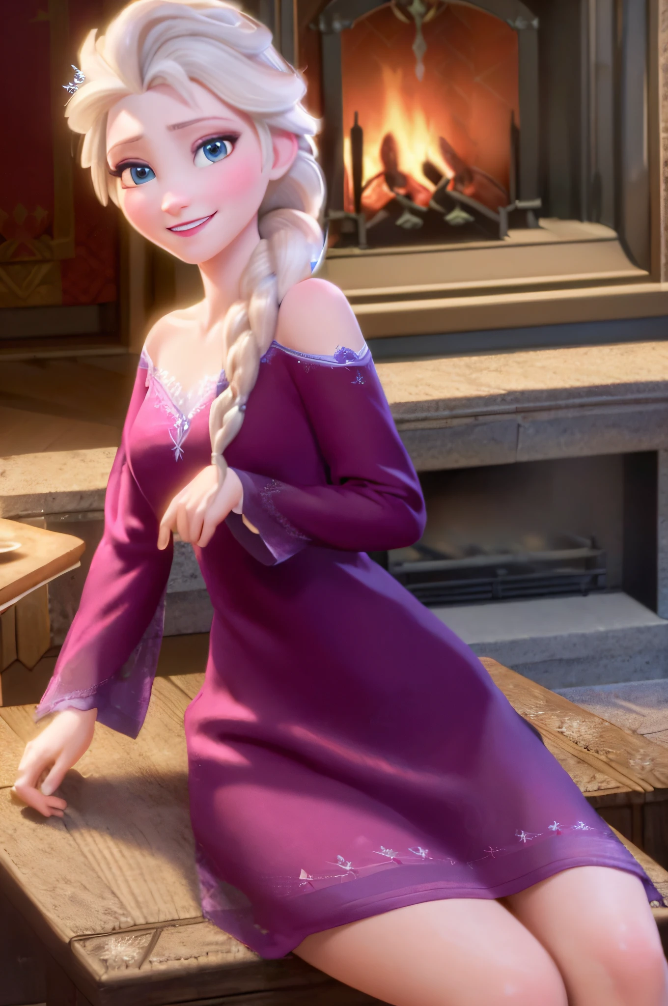 (masterpiece:1.4),(best qualit:1.4),(high resolution:1.4),elsa of arendelle,nightgown,sitting,single braid,(looking at viewer:1.1),(night:1.2),couch,fireplace,smile,1girl,solo,solo focus,