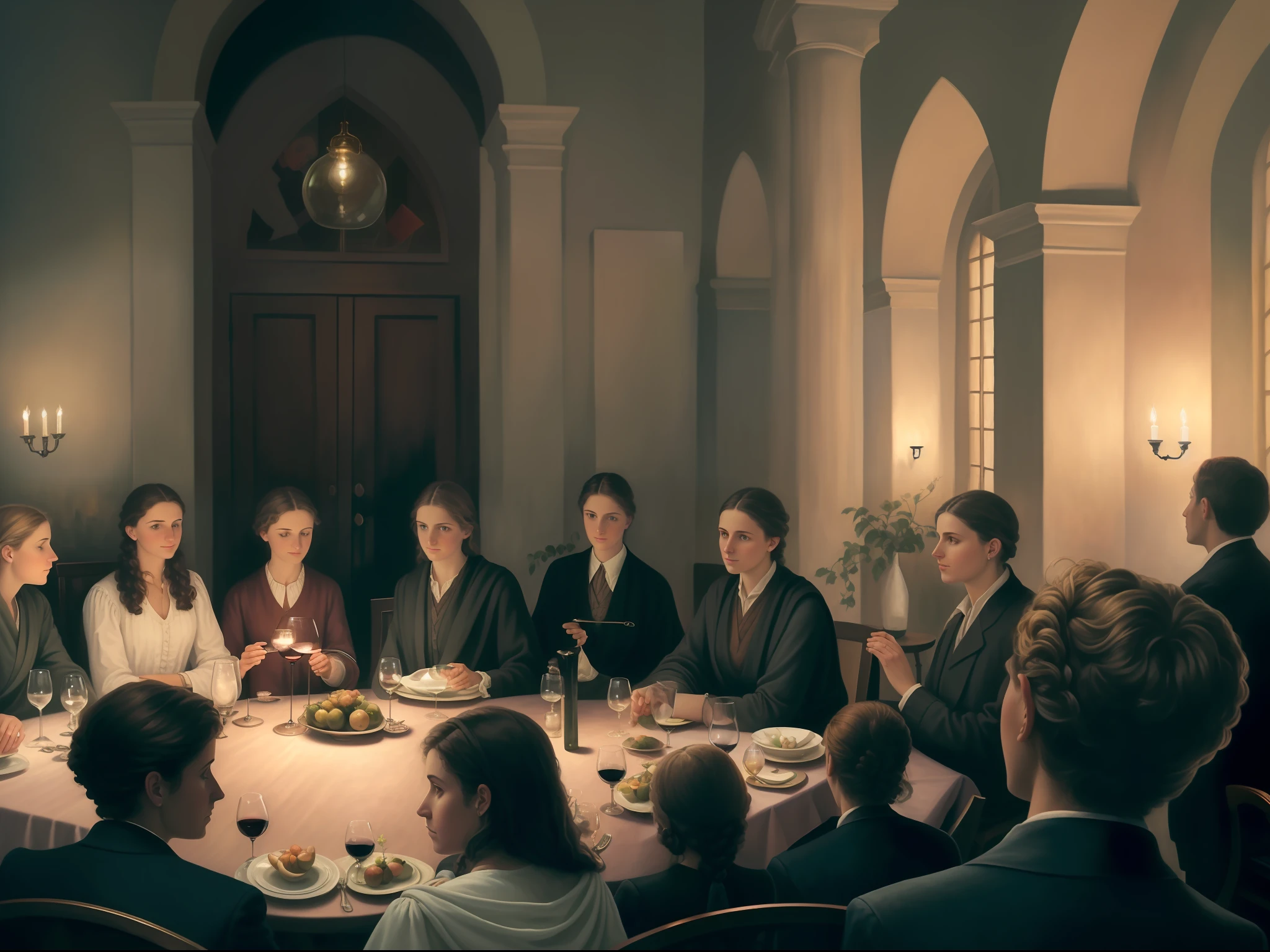 Philosophers sit at tables (style: traditional oil painting, features: realism, tone: feminine) on the table with exquisite food and drinks. (1girl, expressionless), (Embedding: dish, bottle, fruit, lamp, wine glass), (scene: bright dining room, floor-to-ceiling windows, greenery), (emotion: quiet and peaceful atmosphere).