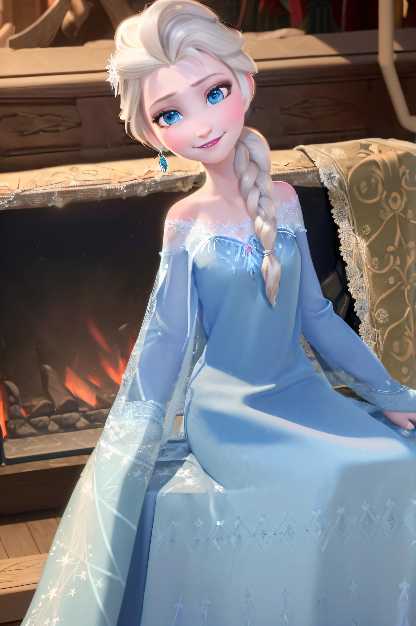 (masterpiece:1.4),(best qualit:1.4),(high resolution:1.4),elsa of arendelle,nightgown,sitting,single braid,(looking at viewer:1.1),(night:1.2),couch,fireplace,smile,1girl,solo,solo focus,