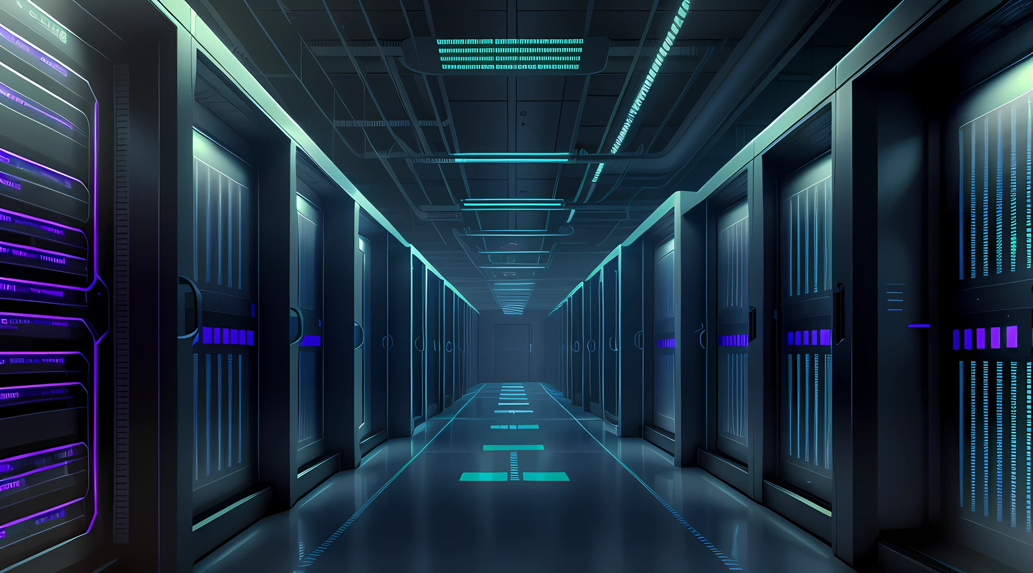 a dimly lit hallway with rows of data and computer screens, background is data server room, hacking into the mainframe, cyber space, in realistic data center, 3840x2160, 3840 x 2160, spaceship hallway background, cyber architecture, surreal cyberspace, in detailed data center