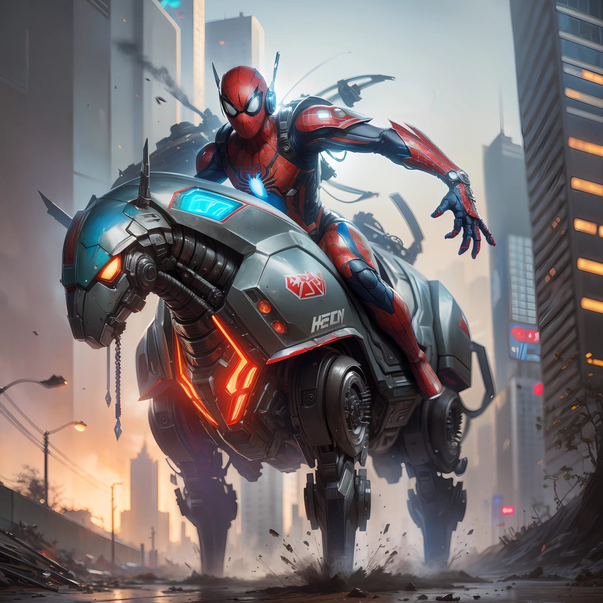 ((cyberpunk)),Spider-man riding a mecha horse,detailed broken surface,battle damage,morning light,rim light,twisted energy flow,alien tech,super HD super realistic rendering,camera lens,by atey-ghailan,league of legend concept,heavy make up --ar 2:3 --quality 5.0 --v 4 --auto --s2