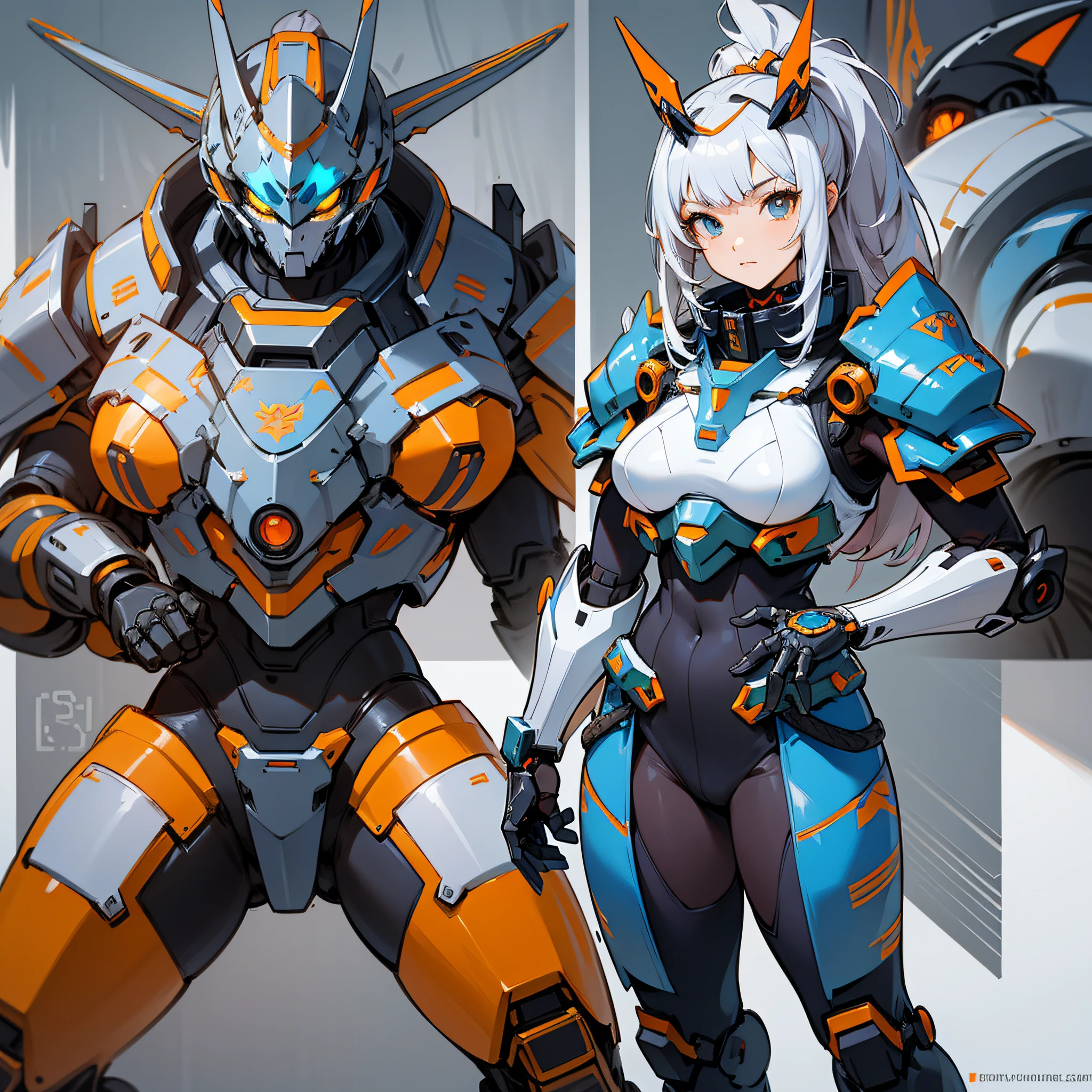 Orange paint, close-up portrait of a person in costume with a sword, cyber japan style armor, cyber japan armor, guyver style, girl in armor, monster hunter armor, full body mecha suit, perfect anime cyborg woman, cyborg noble woman, mecha cyber armor girl, detailed full body concept, female armor, anime character. Full Body Art --auto --s2