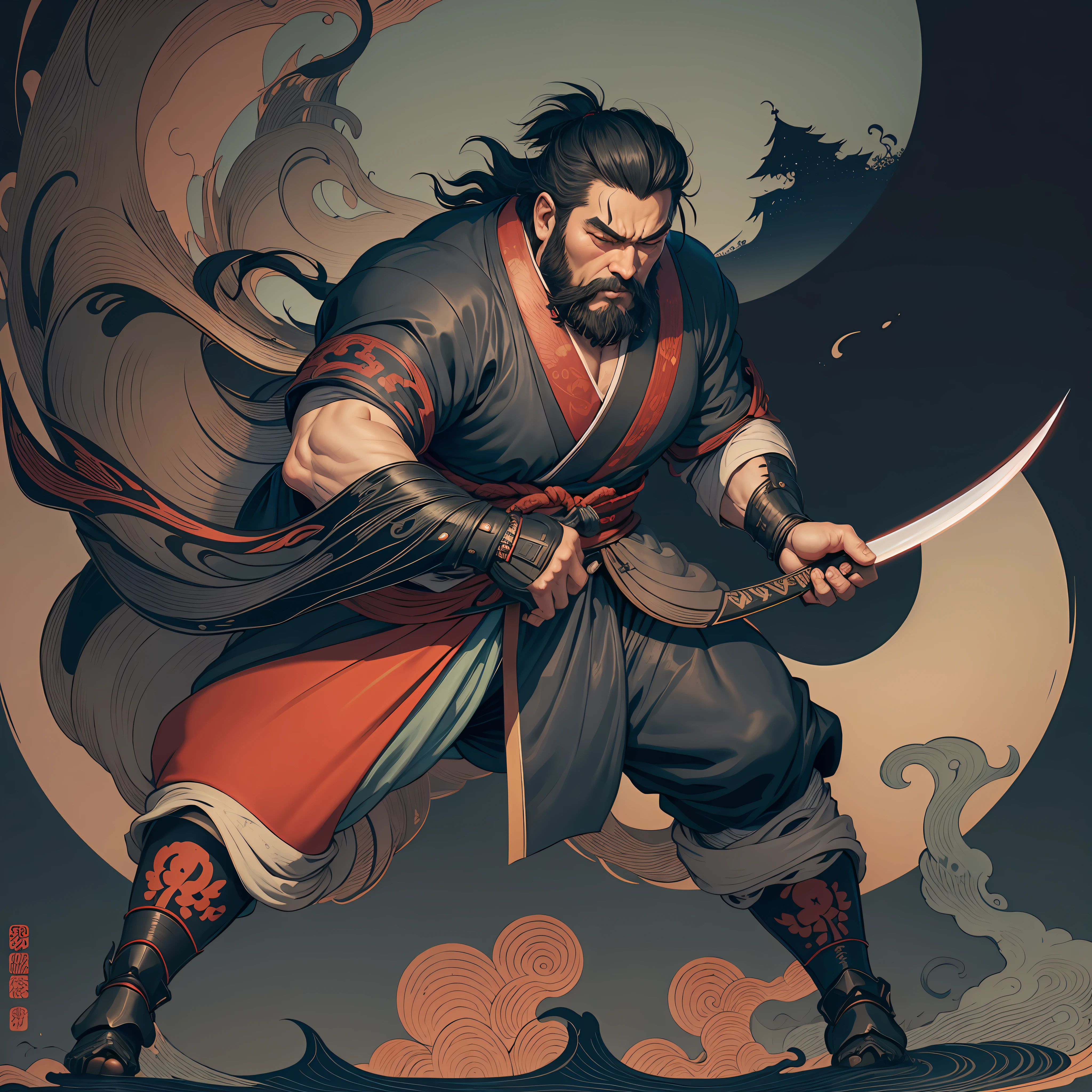 It is a full-body painting with natural colors in the style of ukiyo-e. Miyamoto Musashi is a Japan samurai with a large body like a strongman. He has a rough face, short black hair, and a short, trimmed beard. He is a righteous samurai who fights evil. He wears a black kimono. The hakama should be a little longer and draw in a flowing shape that flutters in the wind. He holds a sword in his right hand with flames coming out of his Japan sword. The background is a swirling flame in Katsushika Hokusai style. Masterpiece high-resolution ukiyo-e style, with the highest quality --auto --s2