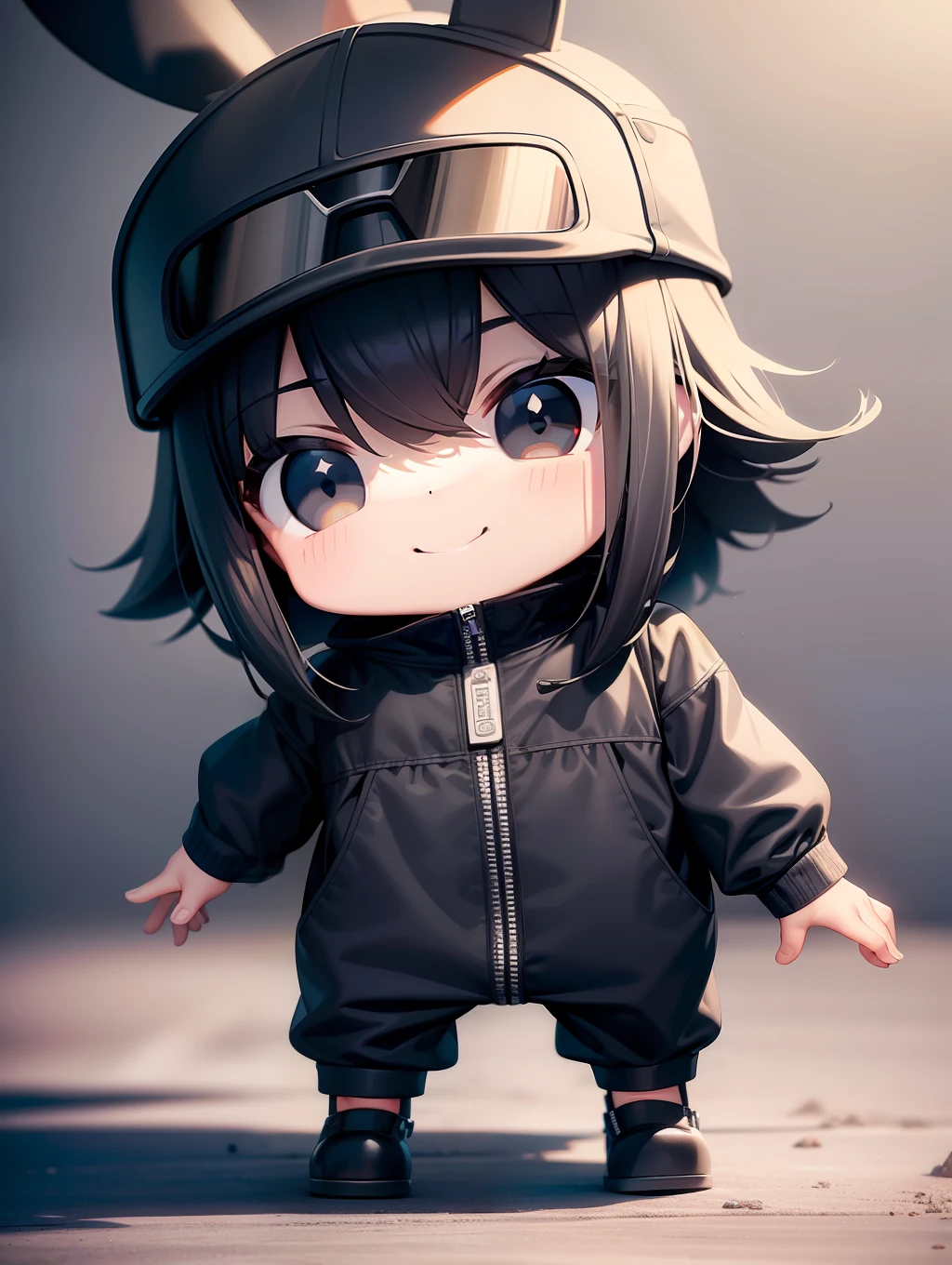 (PopMart Blind Box IP+ Super Cute: 1.2) Two big moon boys, black eyes, gray bunny hat melting black hair, smile in the sun, full body sheer, clean background, Behance style. (Chibi background + cinematic light and shadow) 3D/C4D production, (8K ultra-clear picture quality + cinematic lighting + ultra-detailed lens description): 1.5, perfect presentation, flawless. "