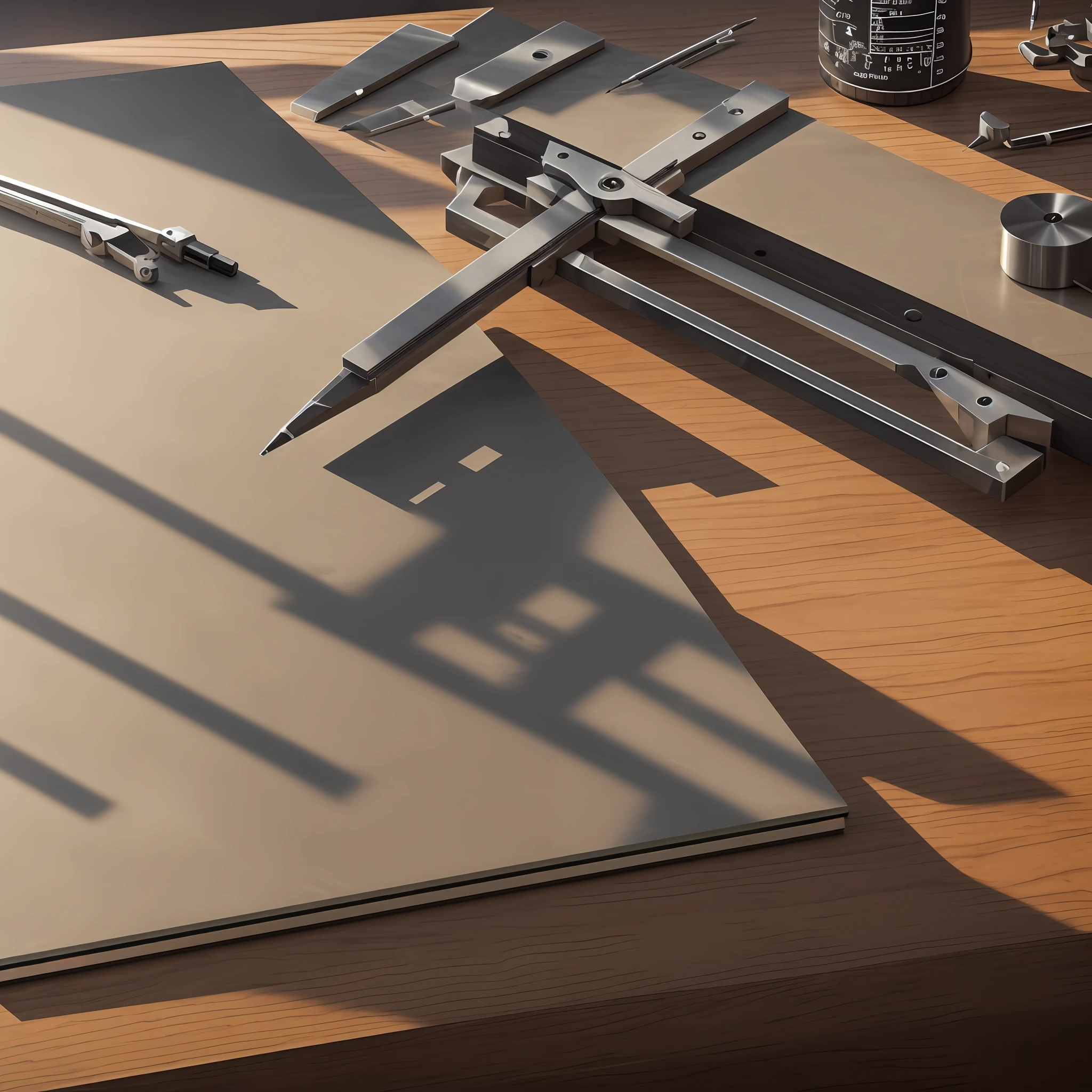 A caliper is placed on the table, There are drawing tools around, Industrial style, Canon, f/16, ray tracing, chiaroscuro, Luminism, high details, high quality --auto --s2