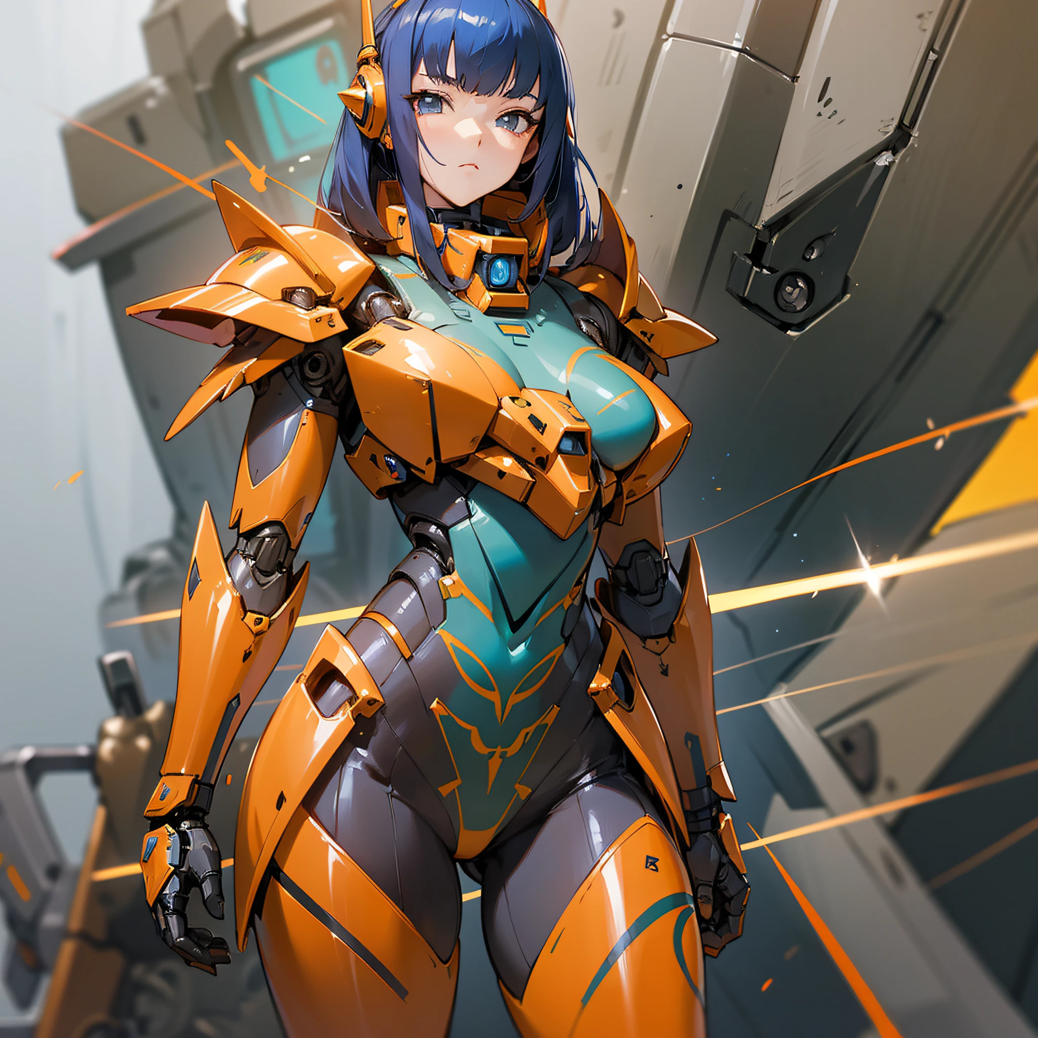 Orange paint, close-up portrait of a person in costume with a sword, cyber japan style armor, cyber japan armor, guyver style, girl in armor, monster hunter armor, full body mecha suit, perfect anime cyborg woman, cyborg noble woman, mecha cyber armor girl, detailed full body concept, female armor, anime character. Full Body Art --auto --s2