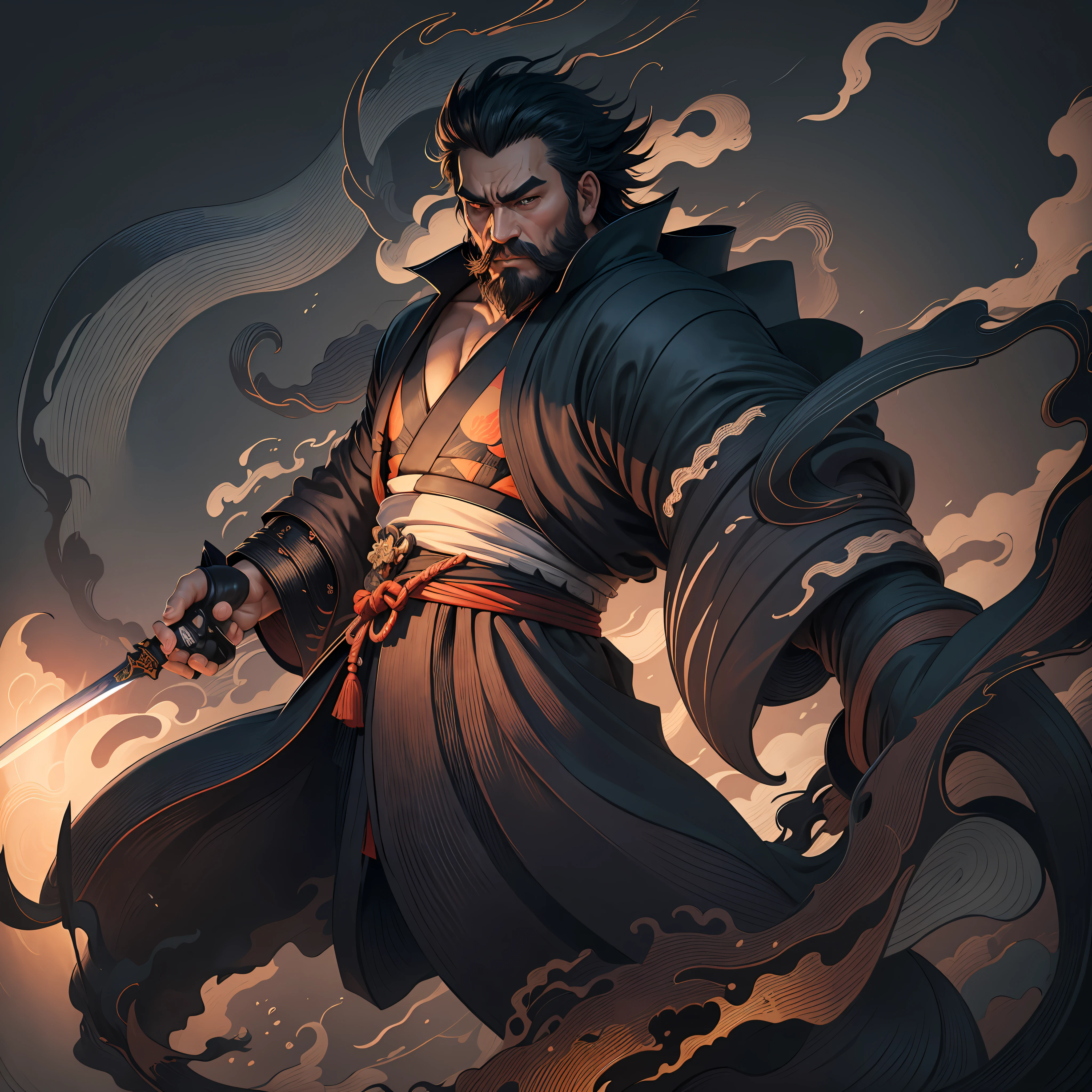 It is a full-body painting with natural colors in the style of ukiyo-e. Miyamoto Musashi is a Japan samurai with a large body like a strongman. He has a rough face, short black hair, and a short, trimmed beard. He is a righteous samurai who fights evil. He wears a black kimono. The hakama should be a little longer and draw in a flowing shape that flutters in the wind. He holds a sword in his right hand with flames coming out of his Japan sword. The background is a swirling flame in Katsushika Hokusai style. Masterpiece high-resolution ukiyo-e style, with the highest quality --auto --s2