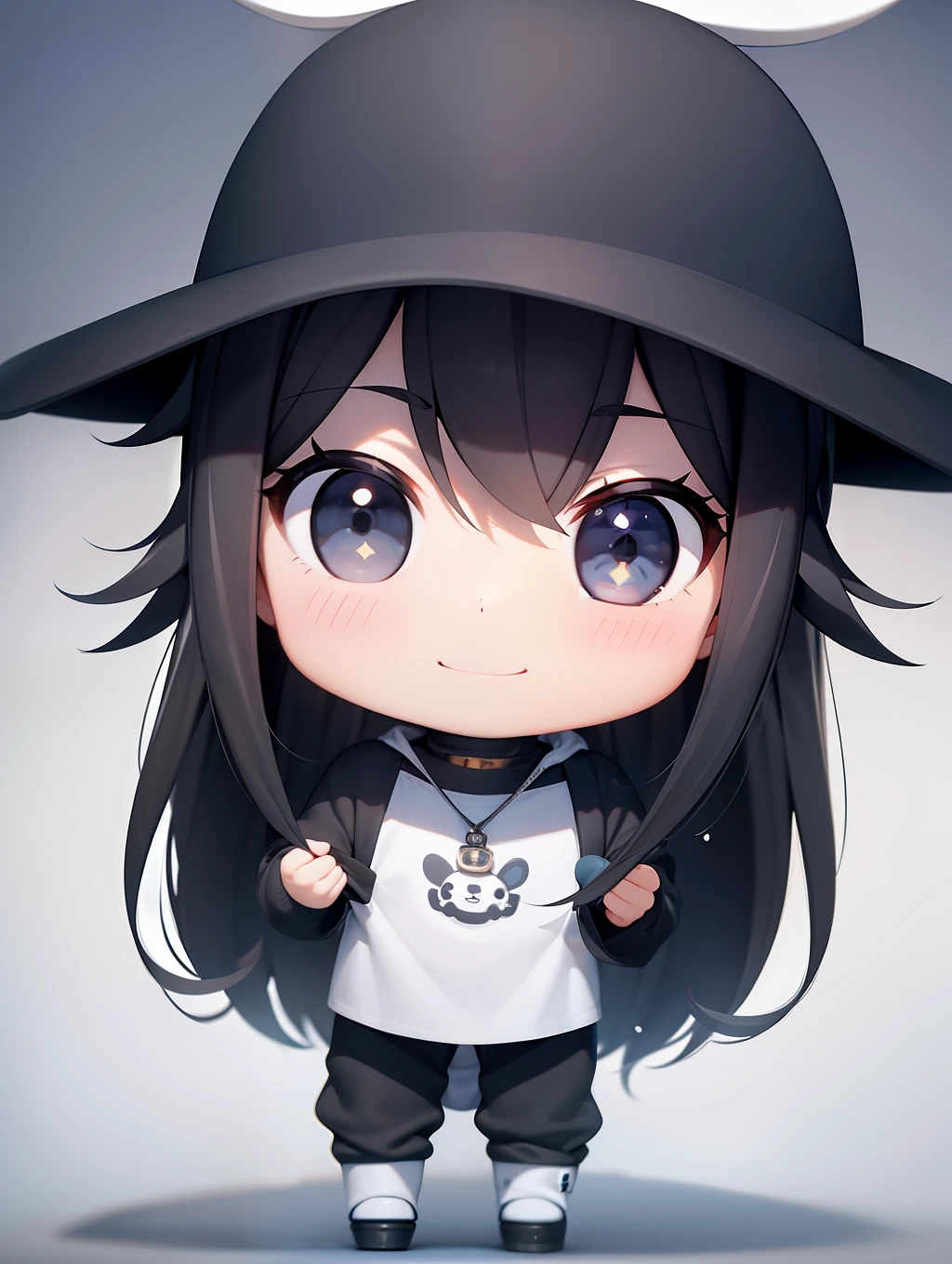 (PopMart Blind Box IP+ Super Cute: 1.2) Two big moon baby boys, black eyes, gray bunny hat melting black hair, smile in the sun, full body sheer, clean background, Behance style. (Chibi background + cinematic light and shadow) 3D/C4D production, (8K ultra-clear picture quality + cinematic lighting + ultra-detailed lens description): 1.5, perfect presentation, flawless. "