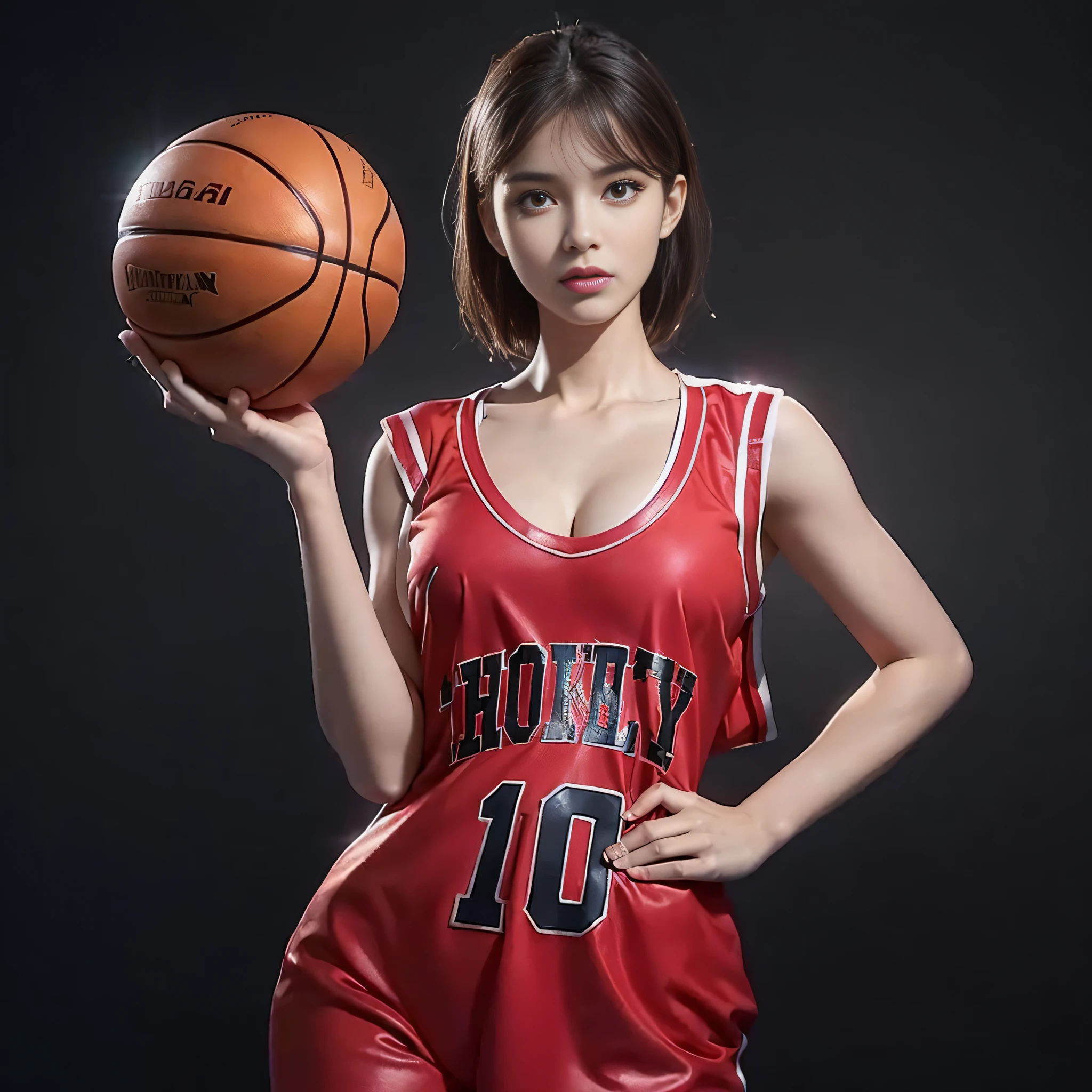 hiqcgbody, high detail RAW color photo, ((basketball suit)) bodybuilding physique, (elegant, beautiful face), (skin detail), (oil: 0.6), (Tesla coil: 0.4), soft light, (side light: 0.8), shadow projection, deep focus, shot with Leica 10772 MP, 85mm macro lens, F/8 aperture, film still image, model (office ol, sexy), (extremely detailed face) (very detailed and expressive eyes), (((small_breasts, delicate large, exposed breasts, exhibitionism))), revealing clothes, basketball,